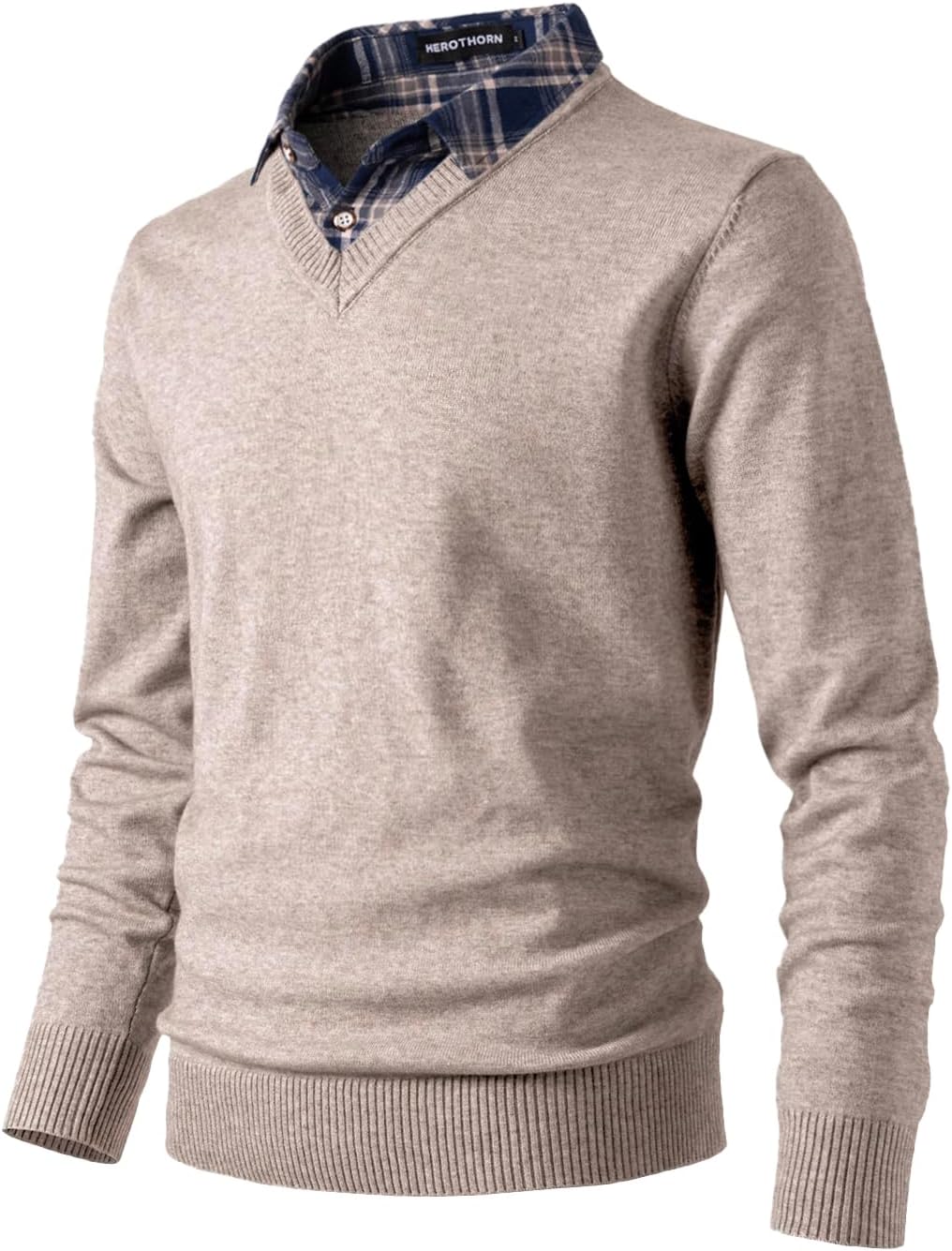 Men's Knit Sweater Fashion Pullover Soft Touch V-Neck Sweatshirt Top with Plaid or White Mock Shirt Collar - Image 2