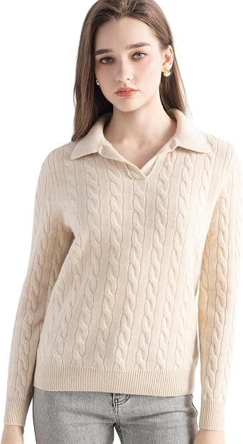 Chanyarn Womens 100% Cashmere Soft Cable Knit Polo Neck Sweater Long Sleeve Casual Top Pullover for Fall Winter