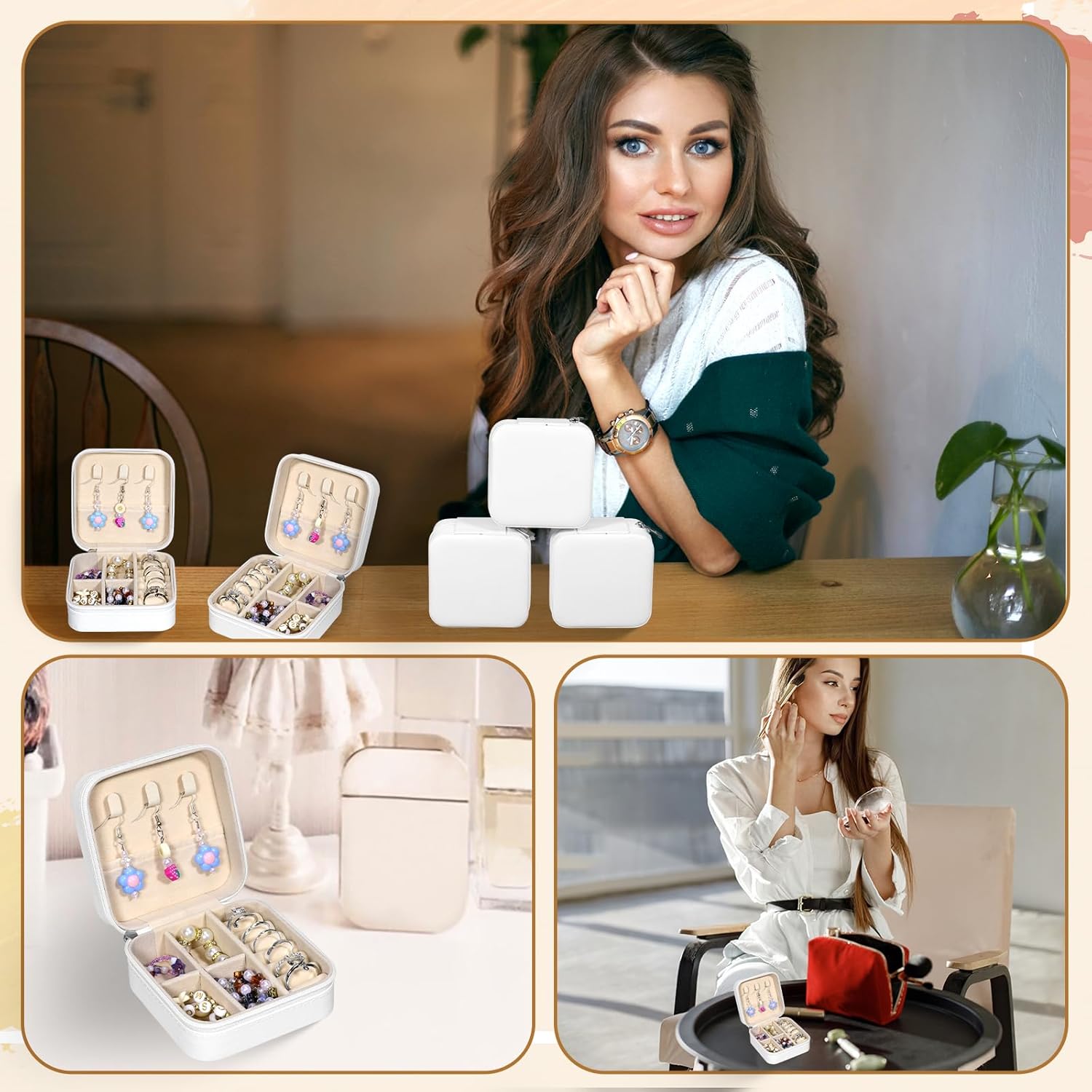 12 Pack Small Travel Jewelry Box Bridesmaid Proposal Gift Boxes Portable Mini Travel Jewelry Case PU Leather Earring Storage Box with Dividers for Women Girls Rings Necklace Earring Organizer, White