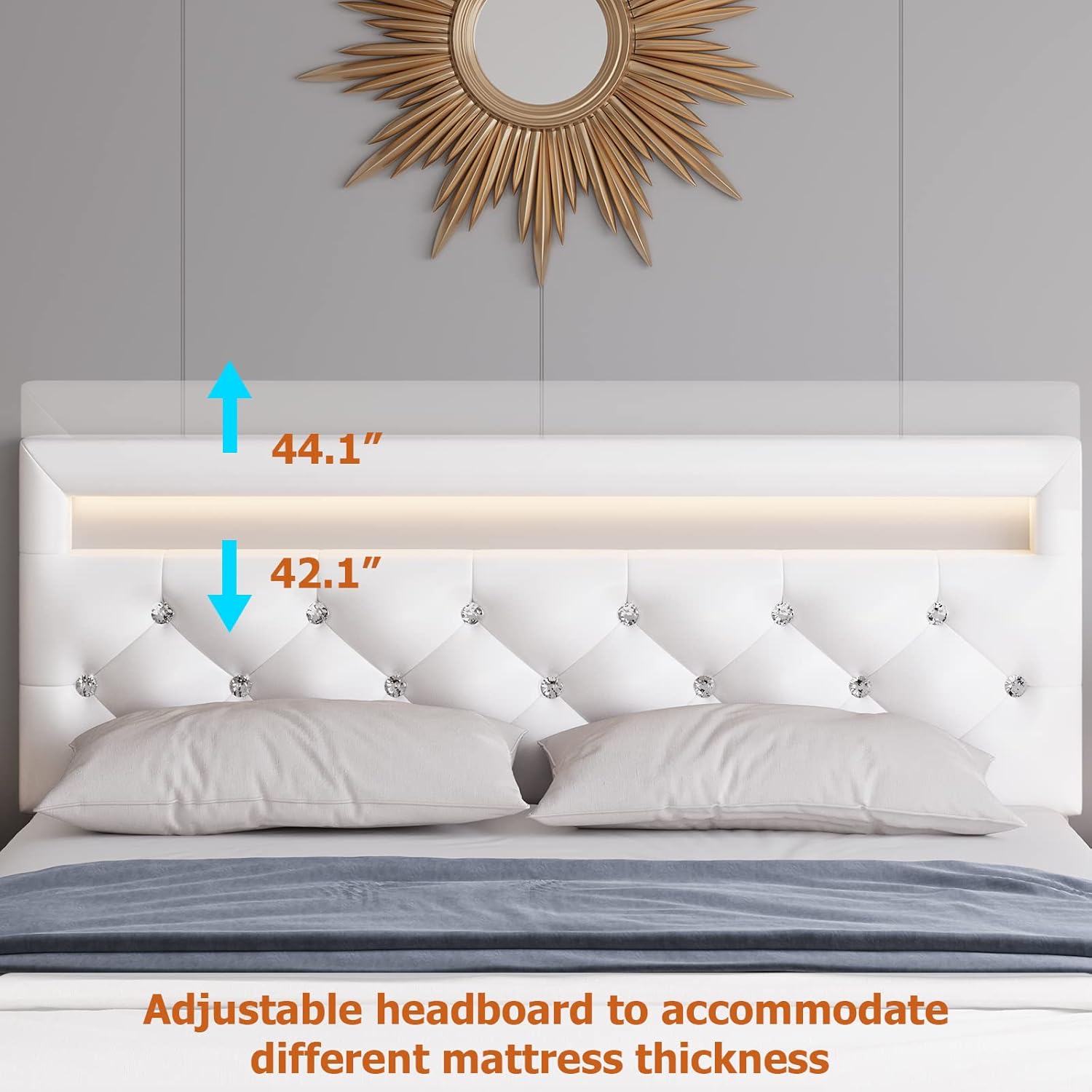 Keyluv Modern Upholstered Full Size Bed Frame with LED Lights, Faux Leather Low Profile Platform Bed Frame, Adjustable Crystal Button Tufted Headboard, Strong Wood Slat Support, Easy Assembly, White