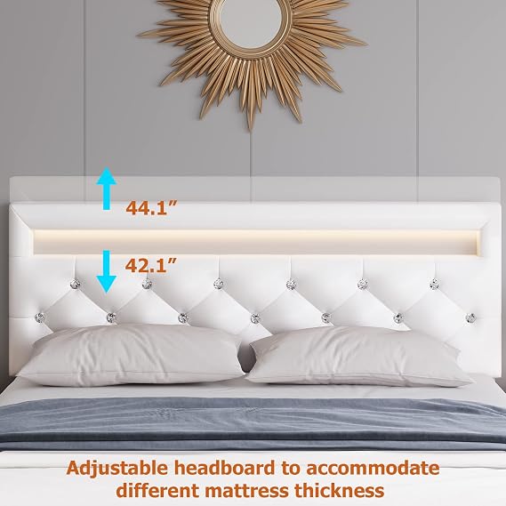 Keyluv Modern Upholstered Full Size Bed Frame with LED Lights, Faux Leather Low Profile Platform Bed Frame, Adjustable Crystal Button Tufted Headboard, Strong Wood Slat Support, Easy Assembly, White