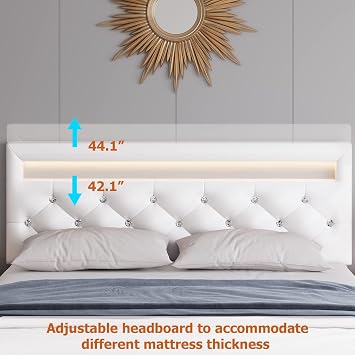 Keyluv Modern Upholstered Full Size Bed Frame with LED Lights, Faux Leather Low Profile Platform Bed Frame, Adjustable Crystal Button Tufted Headboard, Strong Wood Slat Support, Easy Assembly, White