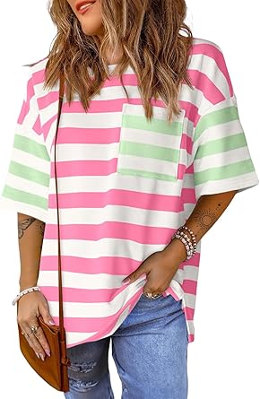 Womens Oversized Color Block Striped Loose Fit Crew Neck Shirts - 22 color varieties
