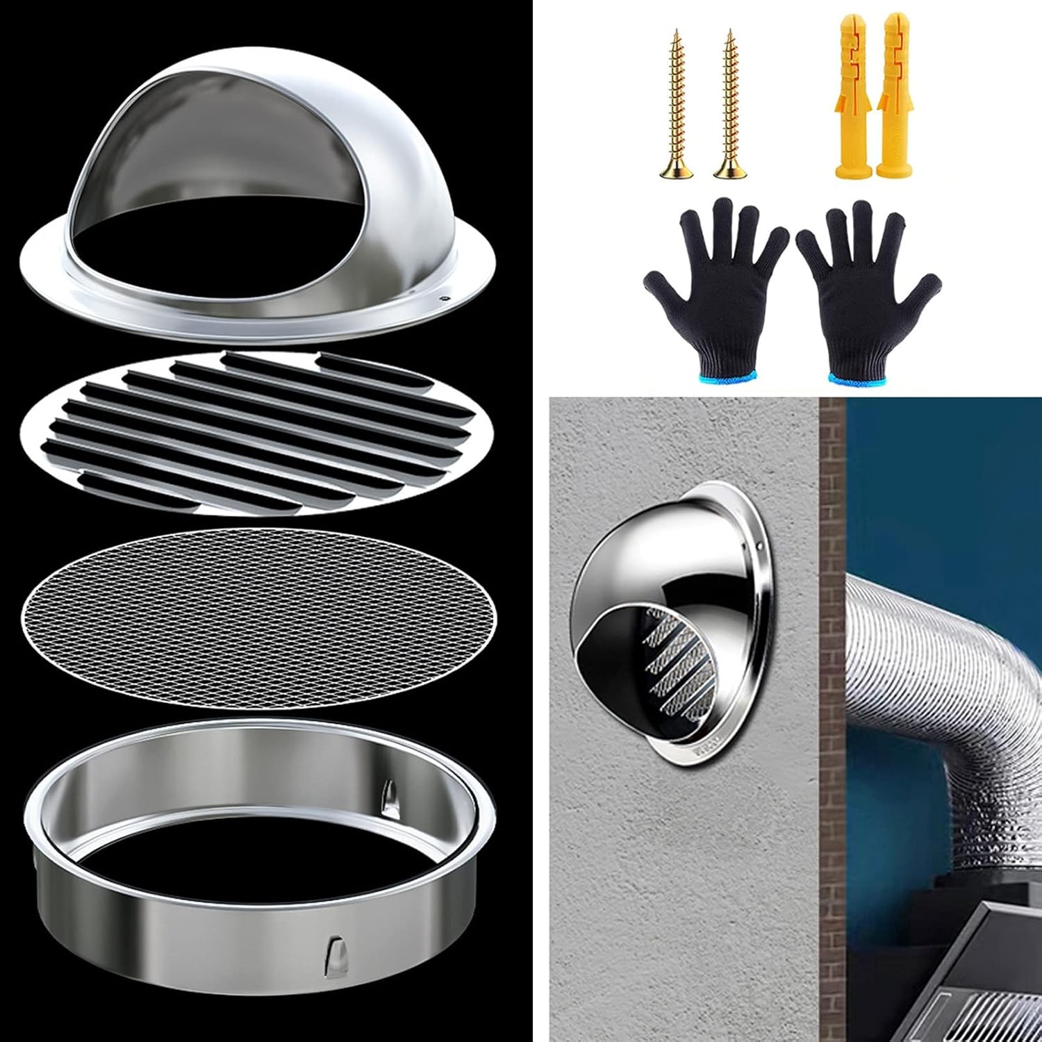 Vent Cap Wall Round Exhaust Hood Stainless Steel Vent with Screen Mesh 12in 10in 7in Louvered Grille Cover Blocking Headwinds Dryer Vent External Cover (Size : 150mm(5.9 inch))