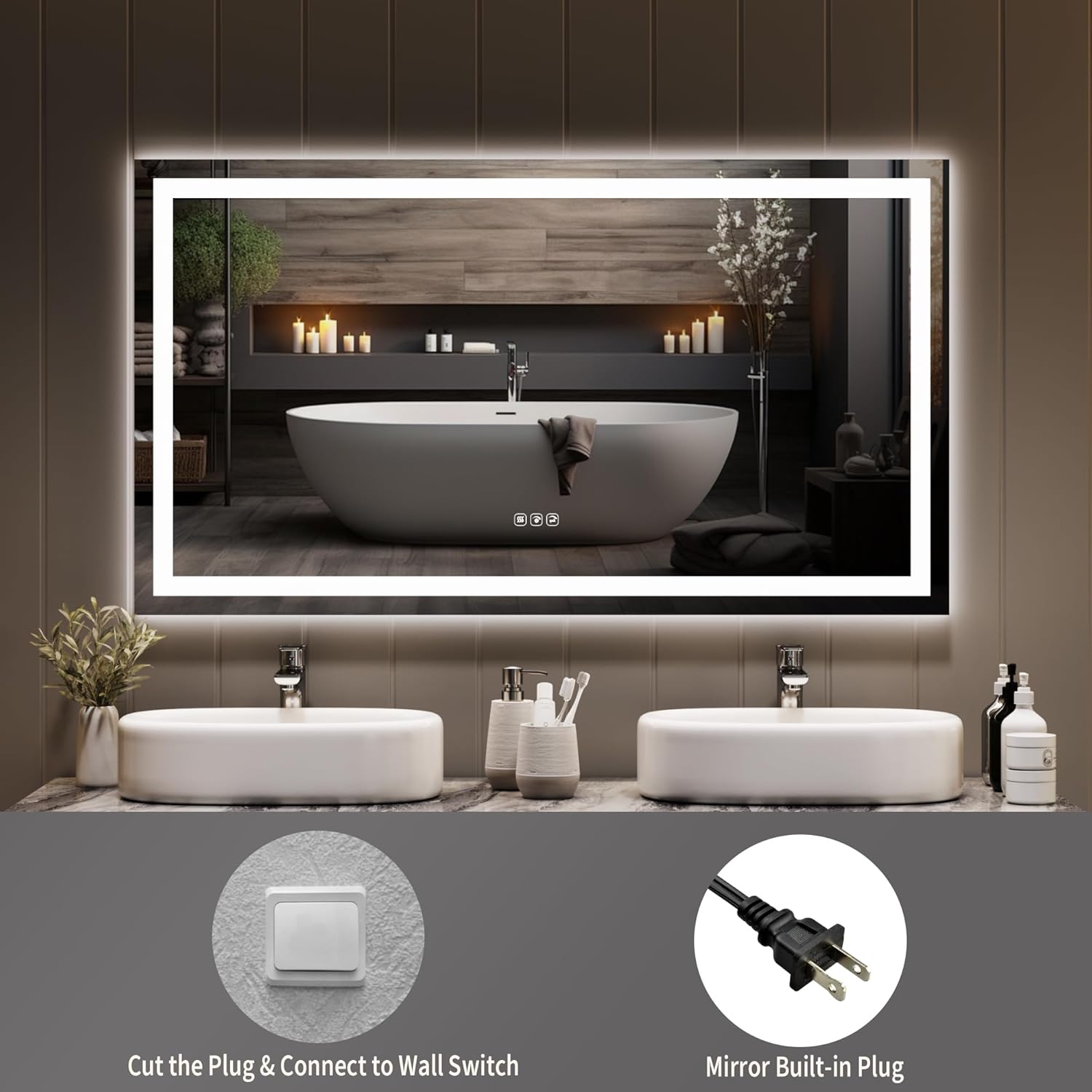 50x28 LED Bathroom Mirror with Lights, Wall Mounted Vanity Mirror with Front & Backlight, Dimmable Color Temperature, Frameless Aluminum, 5mm Copper-Free Glass