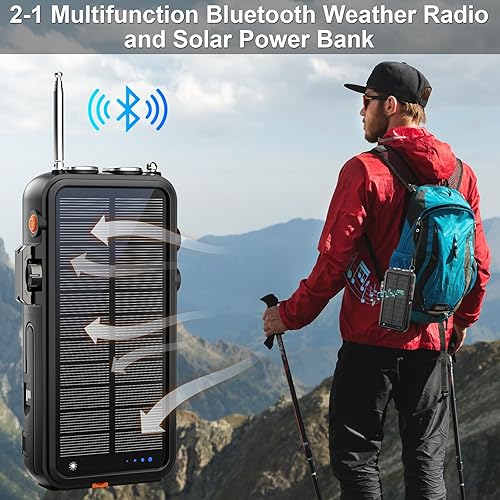 Miniatura 8 de Radio de emergencia y banco de energía solar de 22000 mAh, Radio meteorológica FM NOAA, Radio portátil con manivela Bluetooth, cargador de teléfono