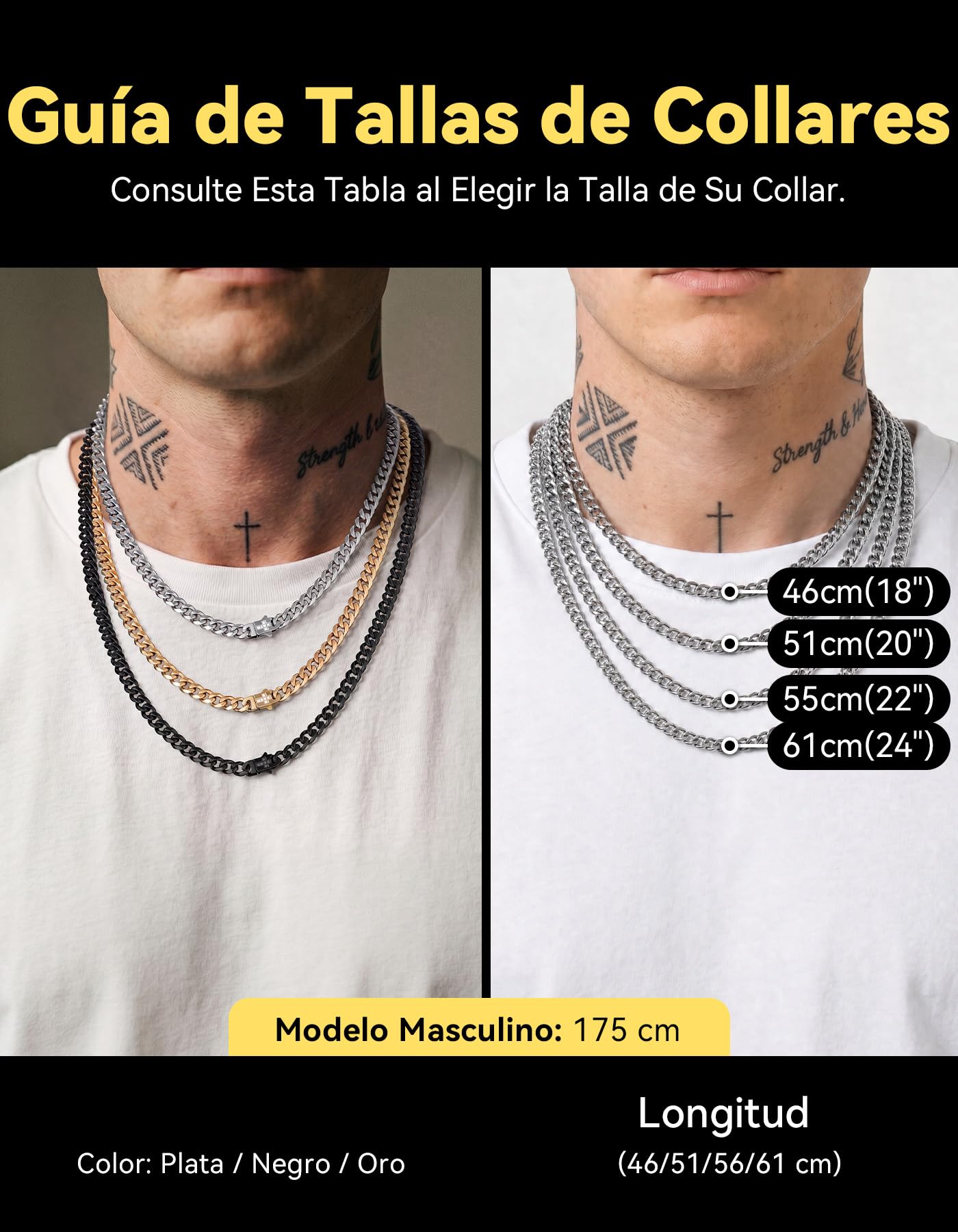 ChainsHouse Collar Colgante Cruz Hombre Cadenas Cubanas Acero Inoxidable Cierre Clip con Crucifijo Impermeable, 46cm -61cm Largo 6mm Ancho, Joyero Incluido