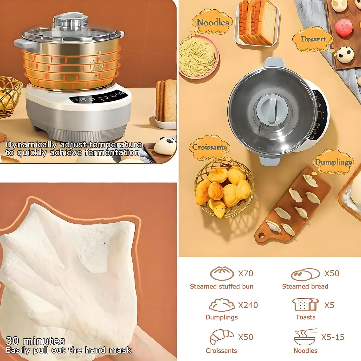 5L/7L Teigknetmaschine, elektrischer Teigbereiter mit Gärfunktion, Mikrocomputer-Timer und Touch-Steuerung für Brot-, Pizza-, Pfannkuchen-, Knödel- und Sauerteigteig 5L