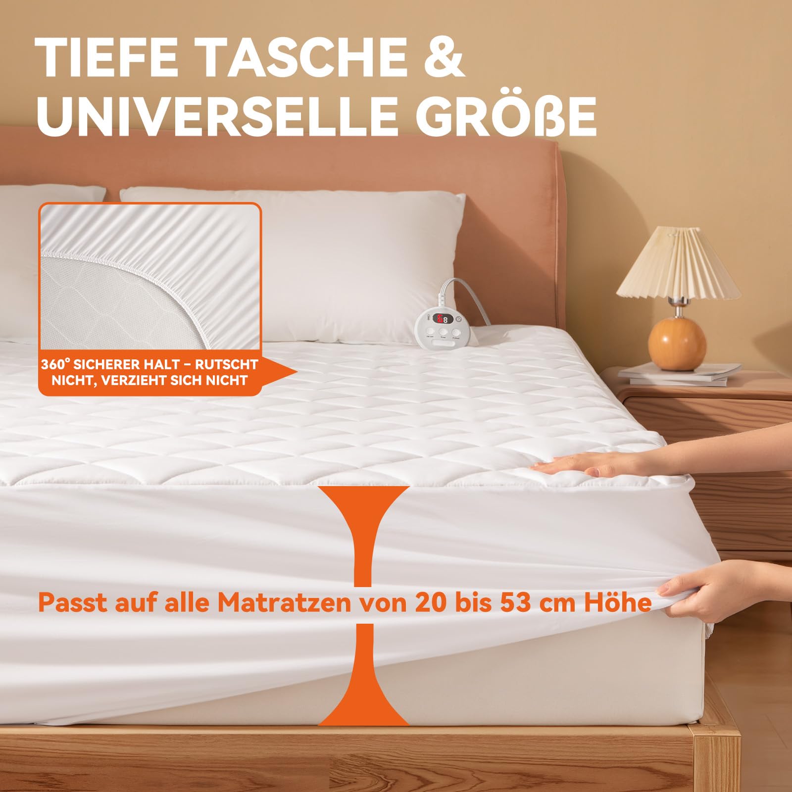 Wärmeunterbett 160x200 cm, Heizunterbett mit Unabhängige Temperaturregelung, Schnelle Aufheizung, 6 Heizstufen, 1-10h Timer, Überhitzungsschutz, Wärmedecke ist mit Tiefe Tasche und Maschinenwäsche