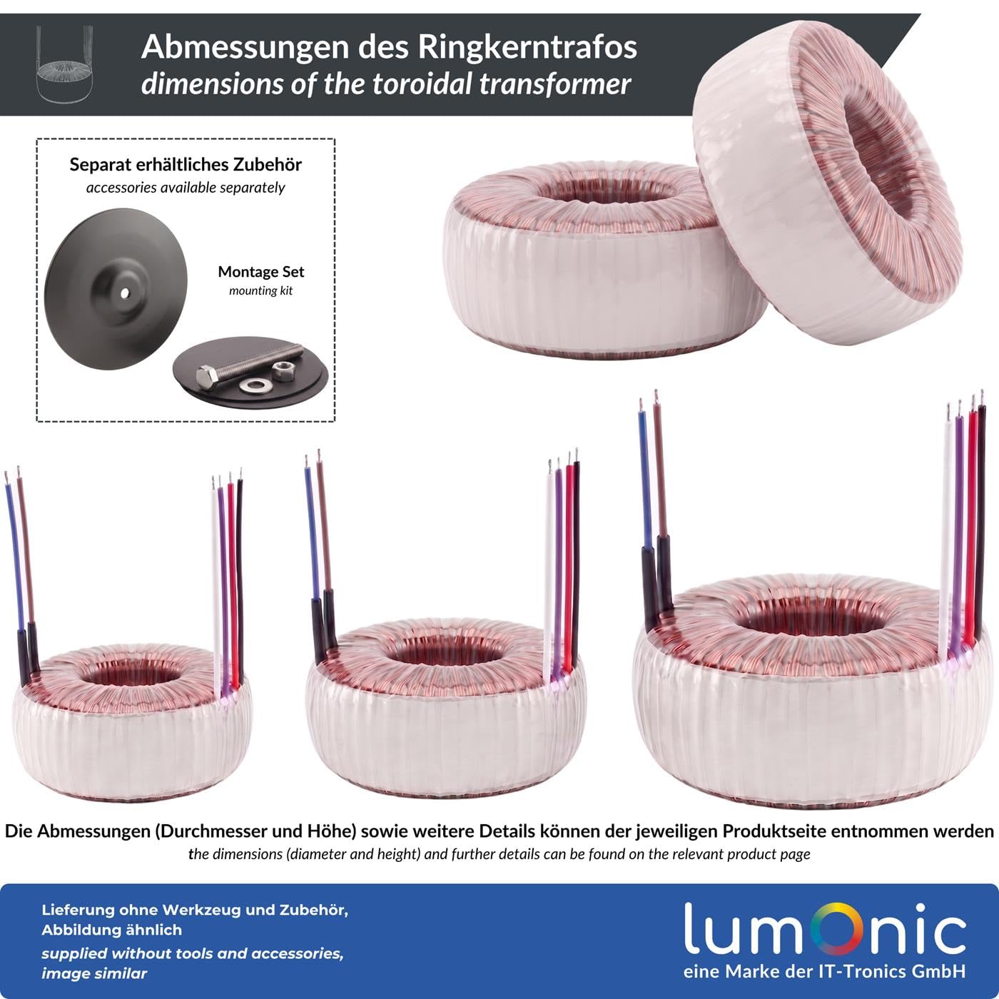 Lumonic Ringkerntrafo, 200 VA, 2x 6 V + 12 V, 230 V - Ringkerntransformator, 230 V Primär, 2x 6 V + 12 V gleichzeitig, für Verstärkerbau, Netzteile, Beleuchtung