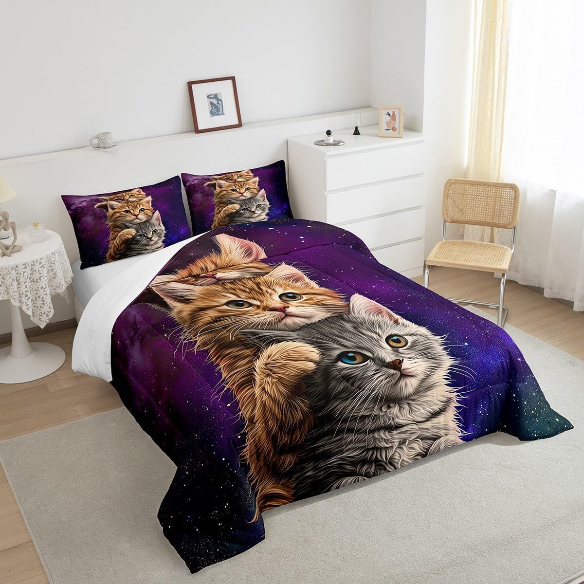 Cat Duvet Insert,Cute Pet Cats Pattern Bedding Set,Outer Space Kawaii Kitten Comforter Set For Child Kid Boys Girls,Cartoon 3D Animal Theme Down Comforter,Purple Galaxy Room Decor Quilt Comforter Full
