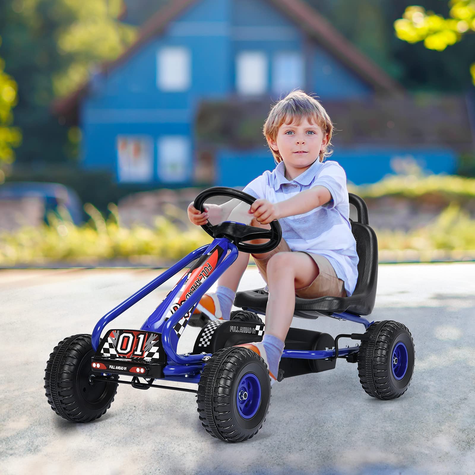 GYMAX Go Kart per Bambini 3-6 Anni, Macchina Cavalcabile con Pedali e Sedile Regolabile, Go Kart Giocattolo Facile da Controllare, 50x92x53 cm (Blu)