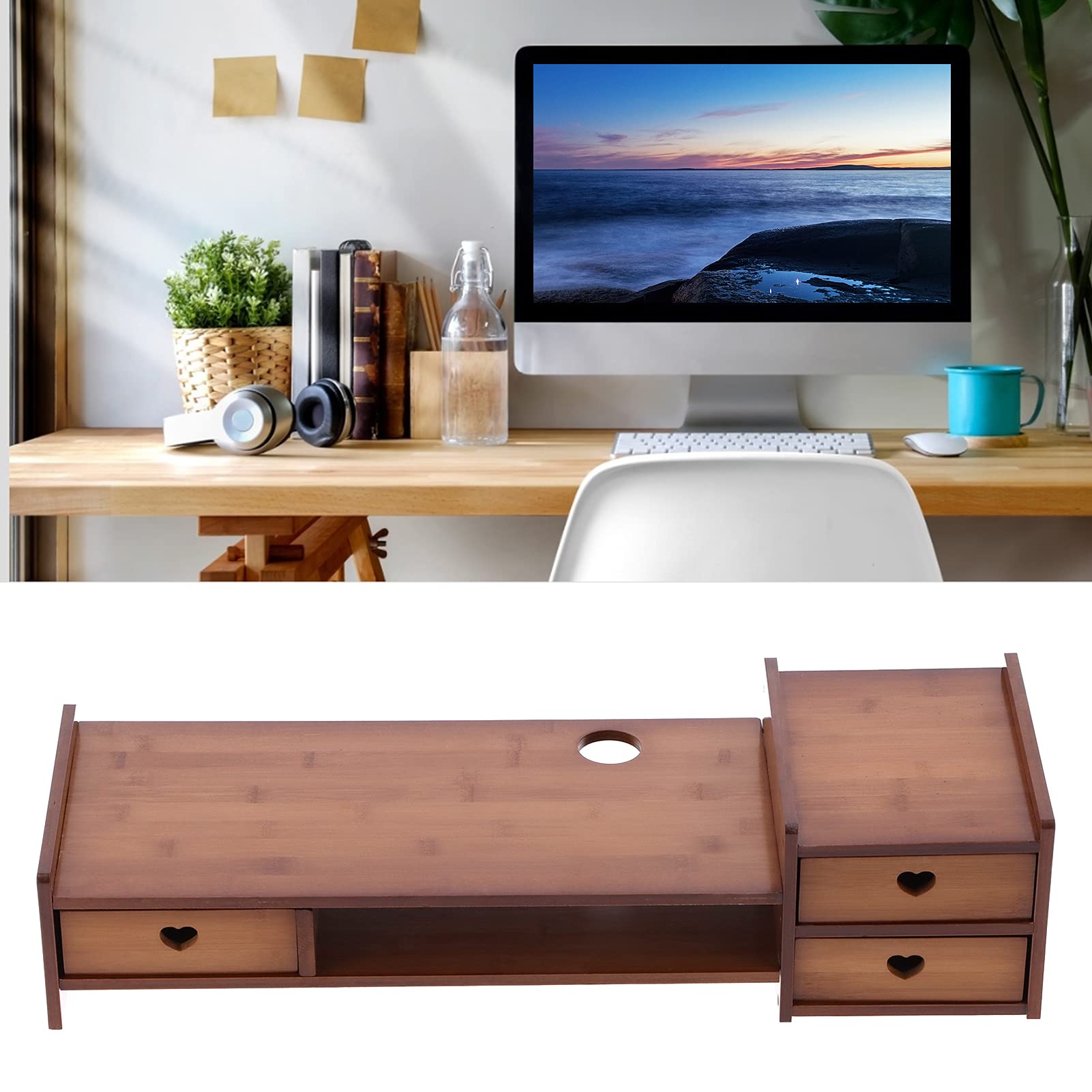 Cocoarm Supporto per Monitor in bambù Rialzo con 3 Cassetti Supporto per Monitor 69 X 23 X 17 Cm per Casa e Ufficio Alza l'altezza dello Schermo Aggiunge Spazio di Archiviazione Supporta Stampante