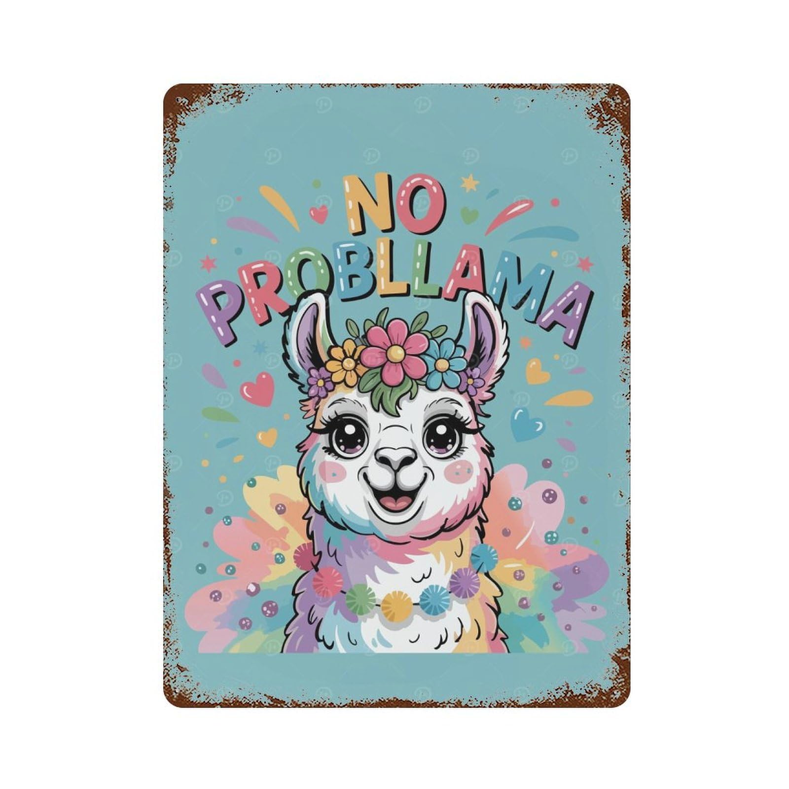 Cute Llama with Flowers - No Problama Retro Metal Sign 15.7"x11.8", Farmhouse Wall Decor for Garage, Pub Or Kitchen