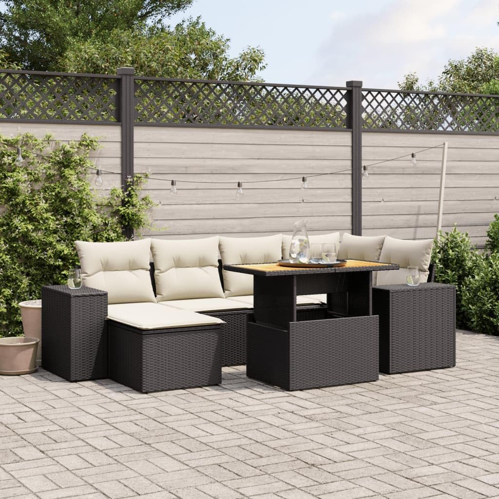 Set di 7 divani da giardino neri con cuscini in polyrattan, intreccio in polyrattan resistente alle intemperie, set modulare con tavolo e poggiapiedi, per terrazza, balcone e relax all'aperto