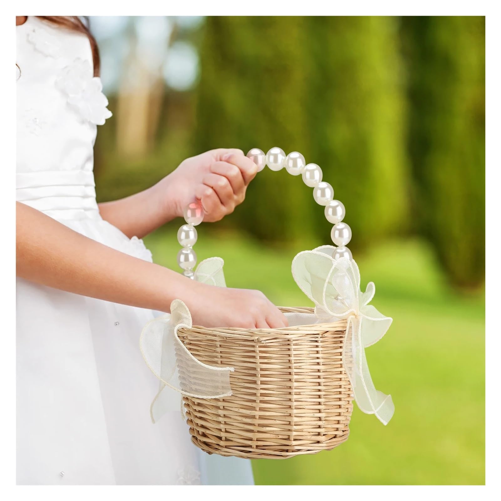 Konfetti-Korb für die Hochzeit, Blumen-Rattan-Korb for Hochzeit, Brautjungfer, braune Aufbewahrungsbox mit weißem Netz(L)
