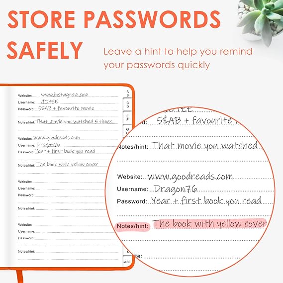 アルファベット順のタブ付きエレガントなパスワードブック - インターネットウェブサイトアドレスログイン用ハードカバーパスワードブック - 5.25インチ x 7.6インチ パスワードキーパーとオーガナイザー メモセクション&バックポケット付きオレンジ