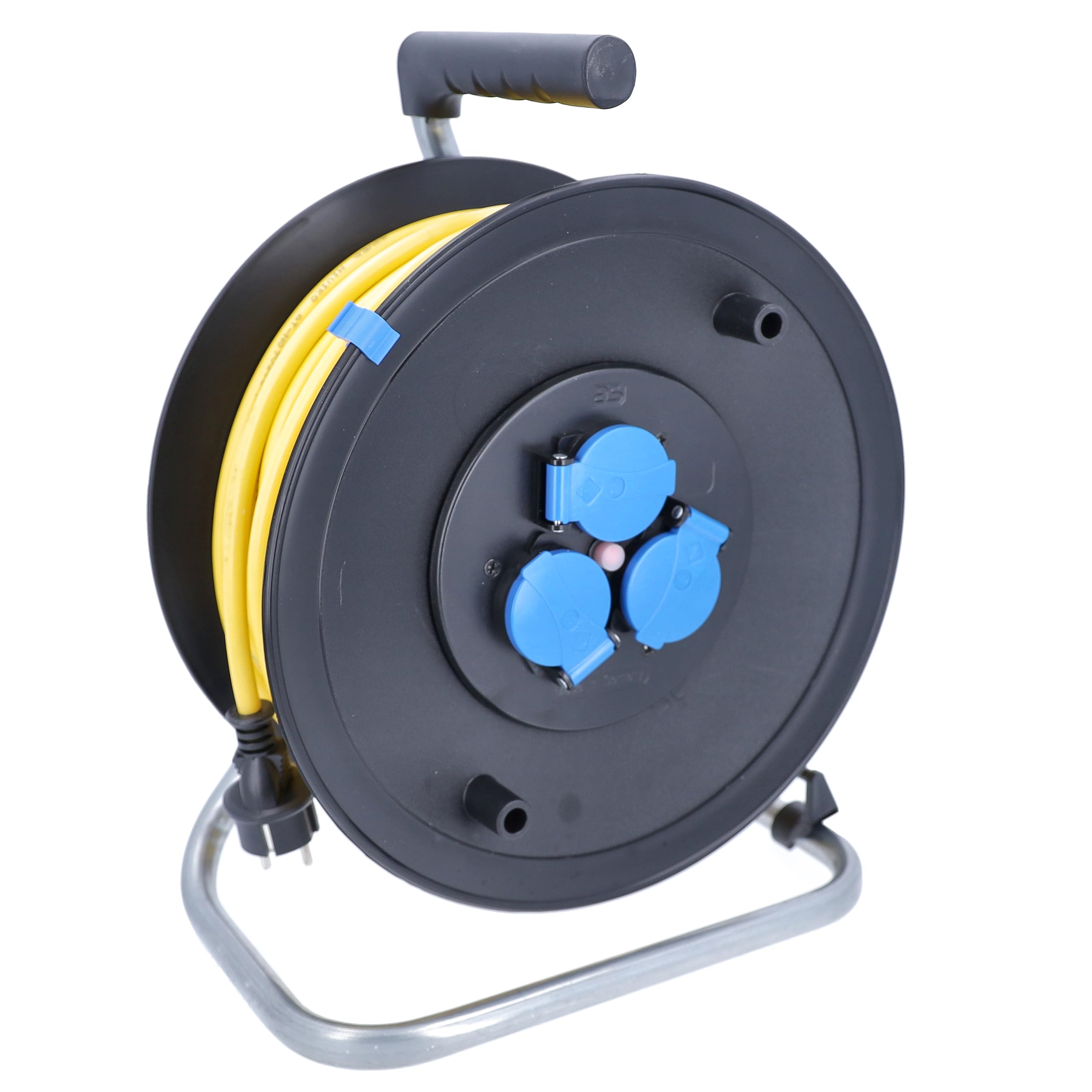 as - Schwabe enrollacables 50 m AT-N07V3V3-F 3G1,5, IP44 exterior, 3 tomas de corriente con toma de tierra, freno de bloqueo, guía de cable, Made in Germany