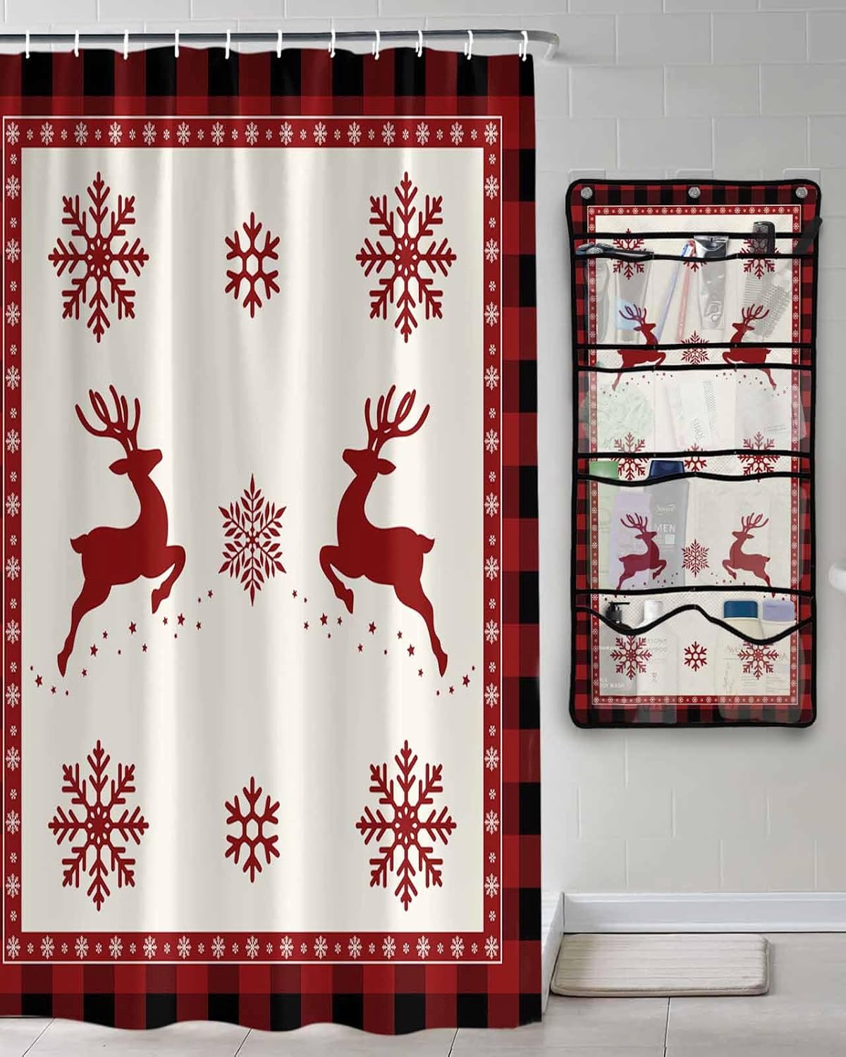 Shower Curtain Mesh Shower Organizer Hanging Set Christmas Reindeer Snowflake Red Plaid Waterproof Shower Curtains with 10 Pockets