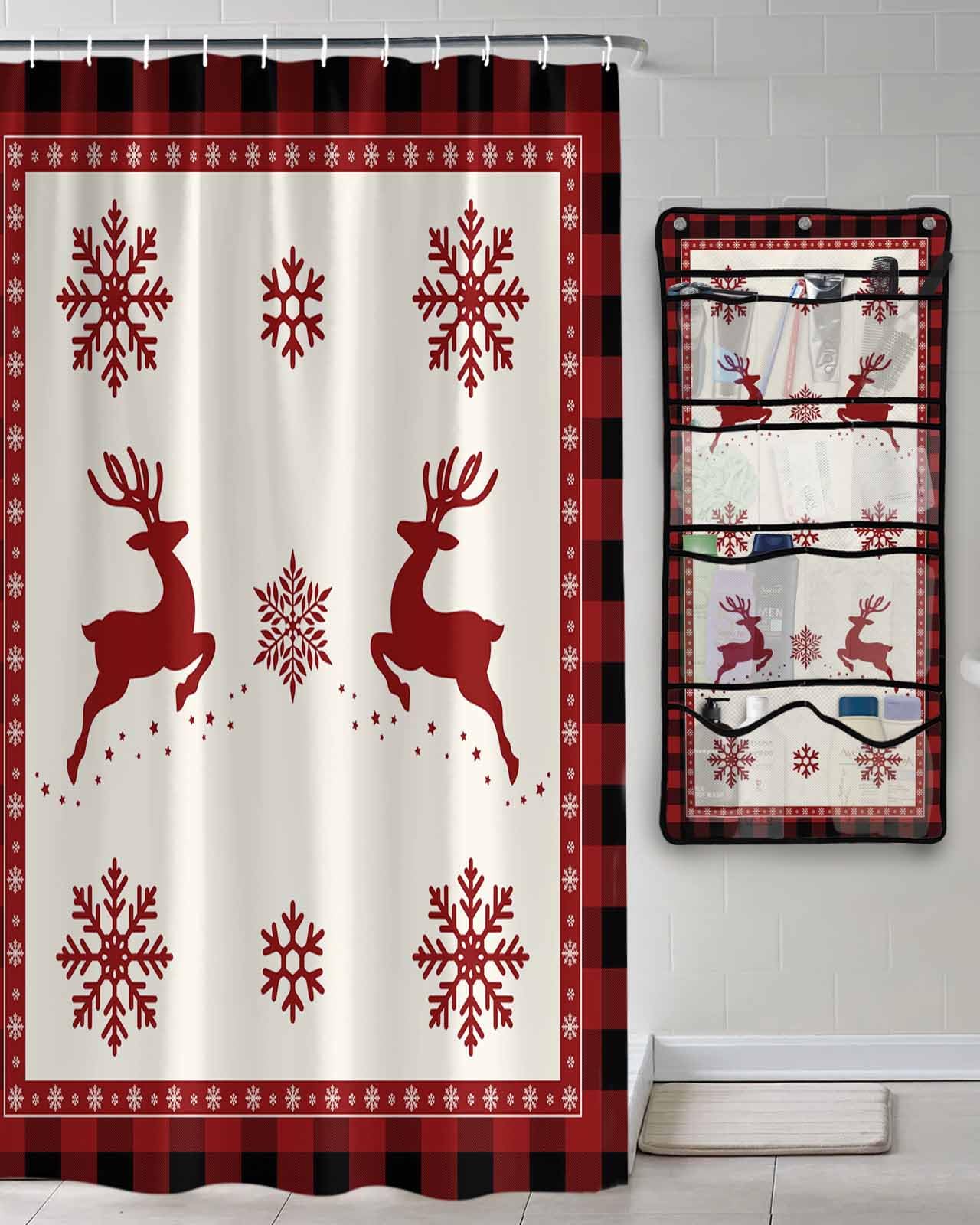 Shower Curtain Mesh Shower Organizer Hanging Set Christmas Reindeer Snowflake Red Plaid Waterproof Shower Curtains with 10 Pockets