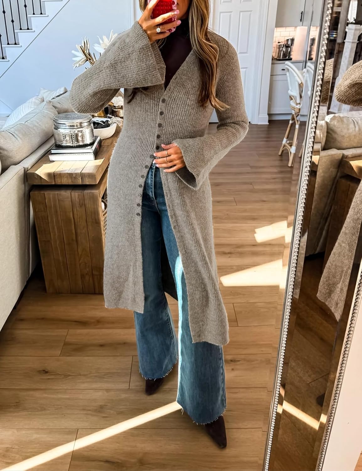 Womens Long Cardigan Sweaters Button Down Bell Sleeve Open Front Ribbed Knit Midi Dress Fall Trendy Outfits - Image 2