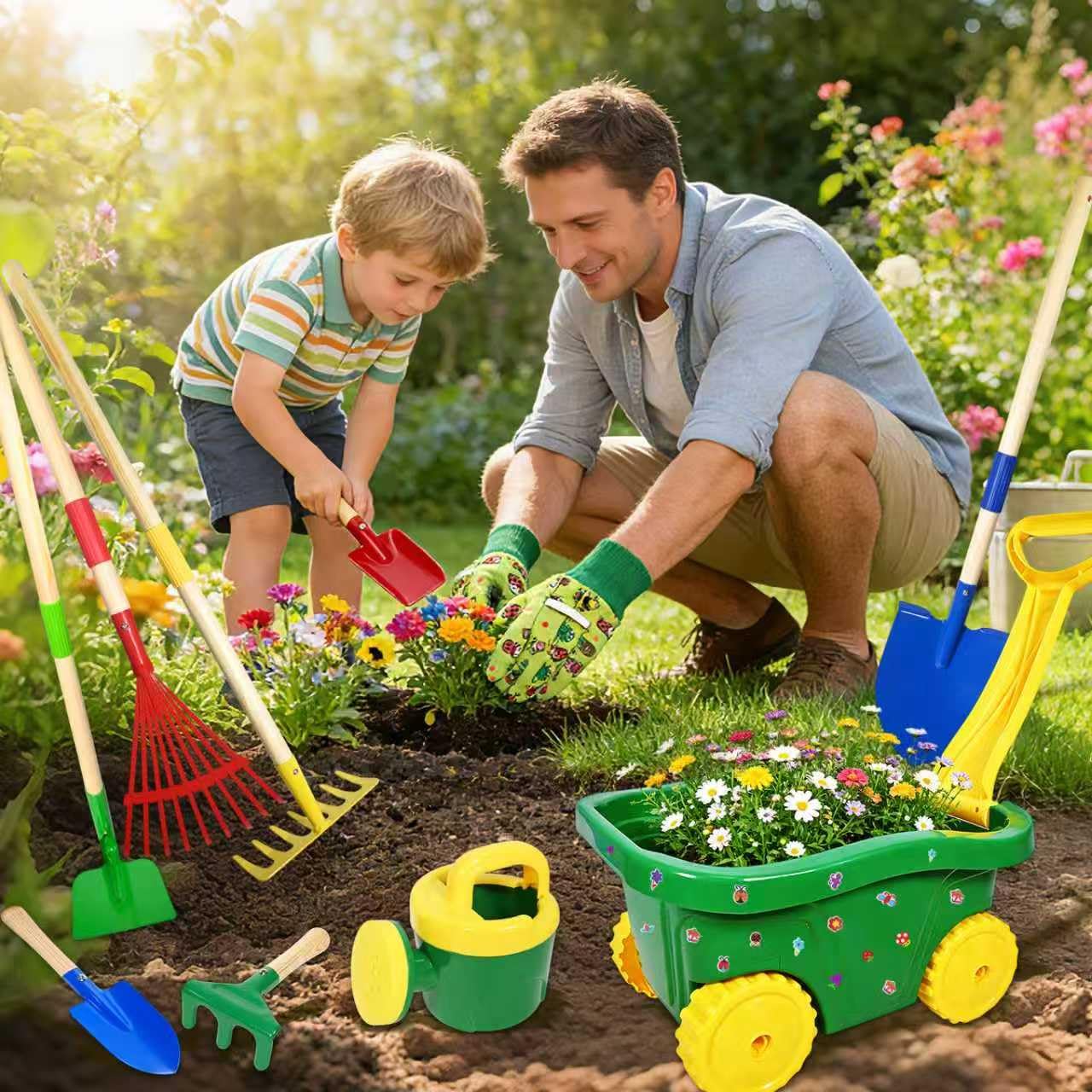 Carretilla para Niños, 13pcs Carretilla Niño Set Jardinería, Juego Herramientas de Jardín para Infantil con Pala, Escoba, Rastrillo y Rastrillo de Hojas, Pulverizador Juguetes de Arena Exterior (B)
