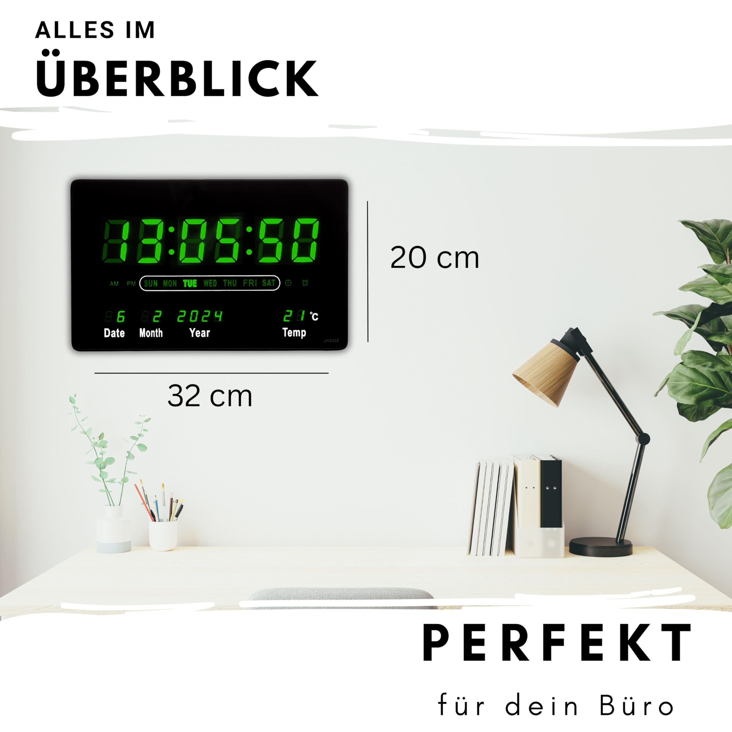 Wanduhr Digital Groß LED Uhr mit Kalender Digitaluhr mit Temperaturanzeige und Wecker Studiouhr für Gewerbe Cafés Kiosk Hallenuhr L (Grün)