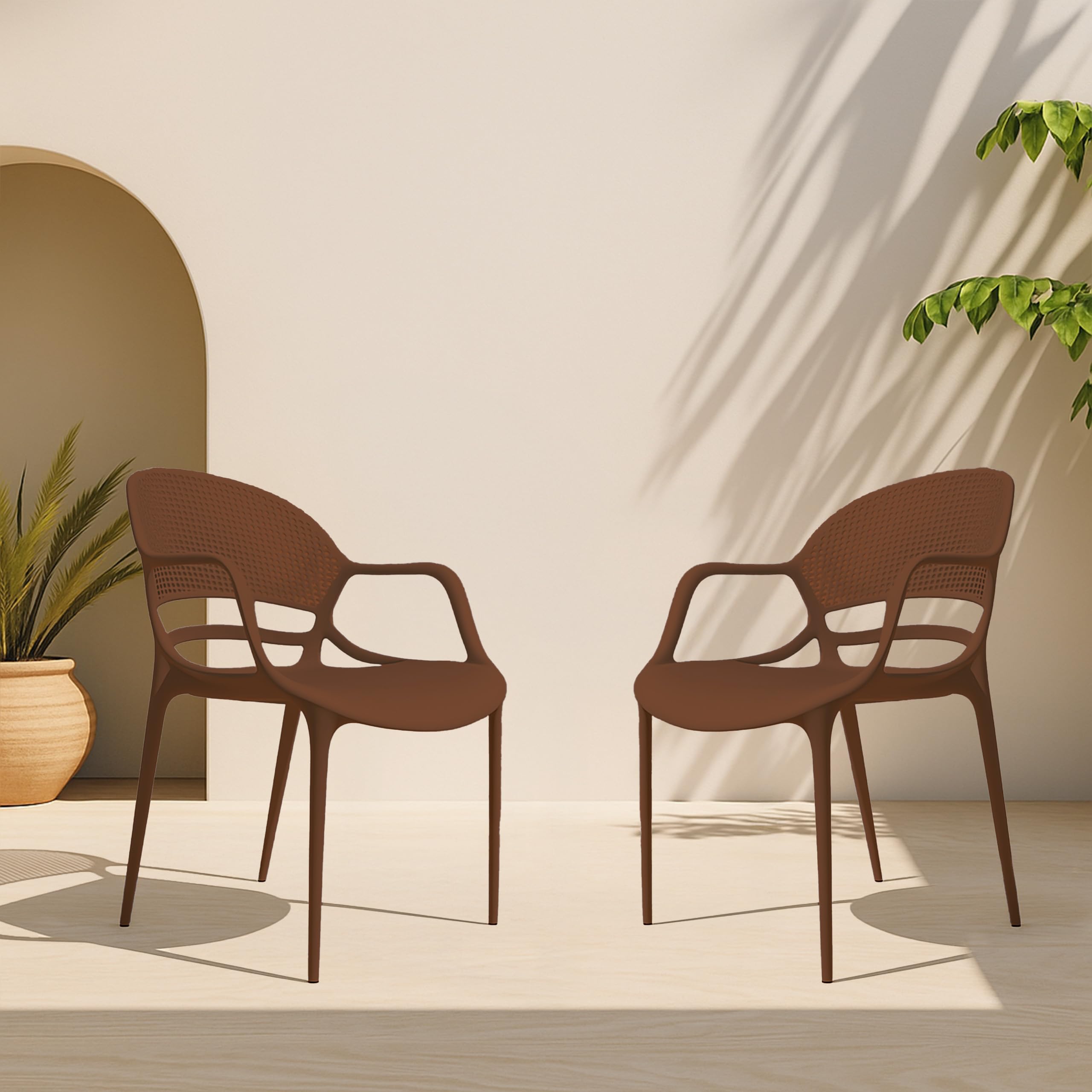 DIYA Sunset Plastic Chair for Home & Dining | Comfortable Arm Chair for Living Room, Balcony & Outdoor Use | Strong PP Build, 1-Year Warranty – Pack of 2 (Brown)-image-4