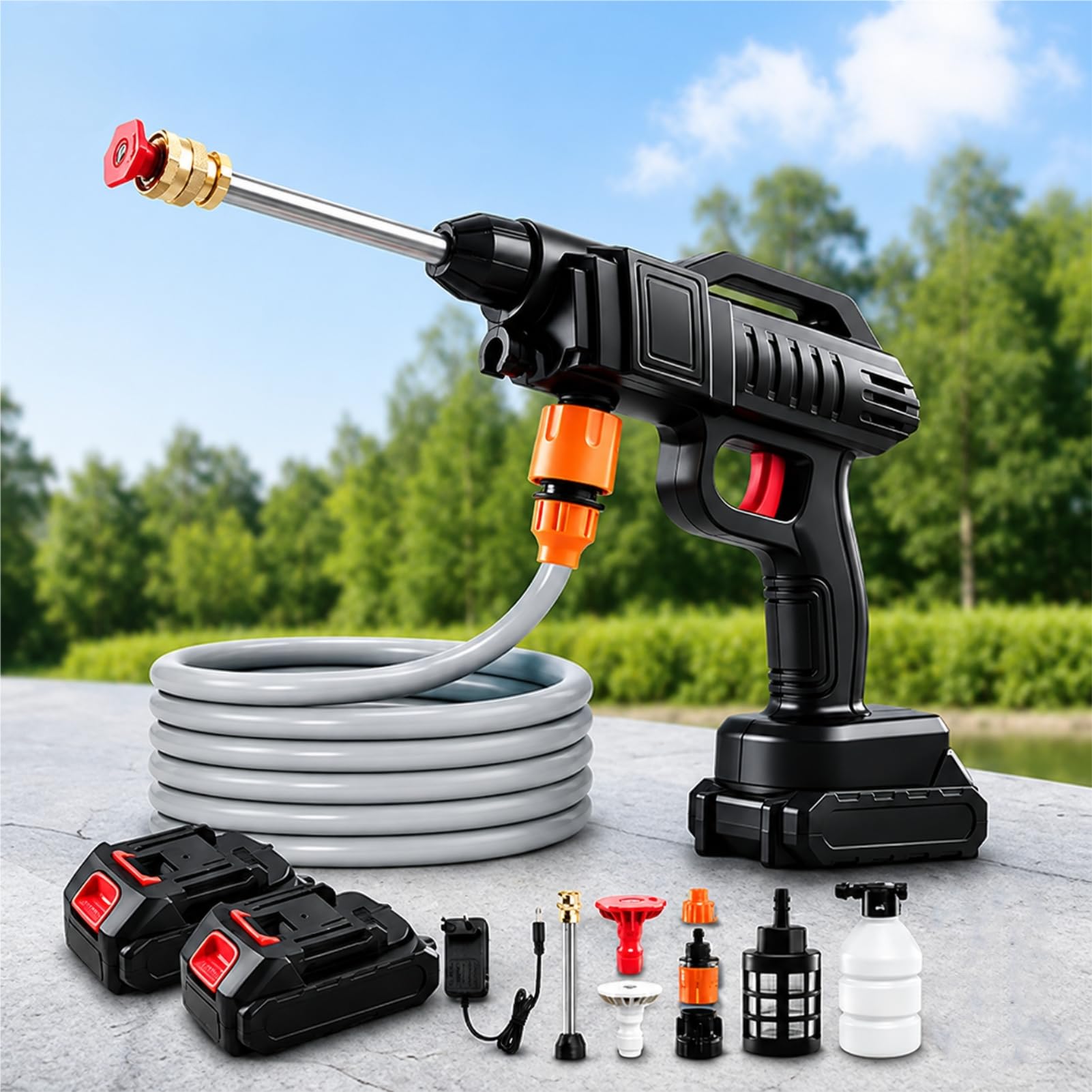 Victoam 21V 1500W Handheld Pressure Washer Kit, Cordless Pressure Washer with 5M Hose & 2 Nozzles, 2 Batteries, High Pressure Washers for Car Patio Garden Cleaning Watering (Without Bucket)