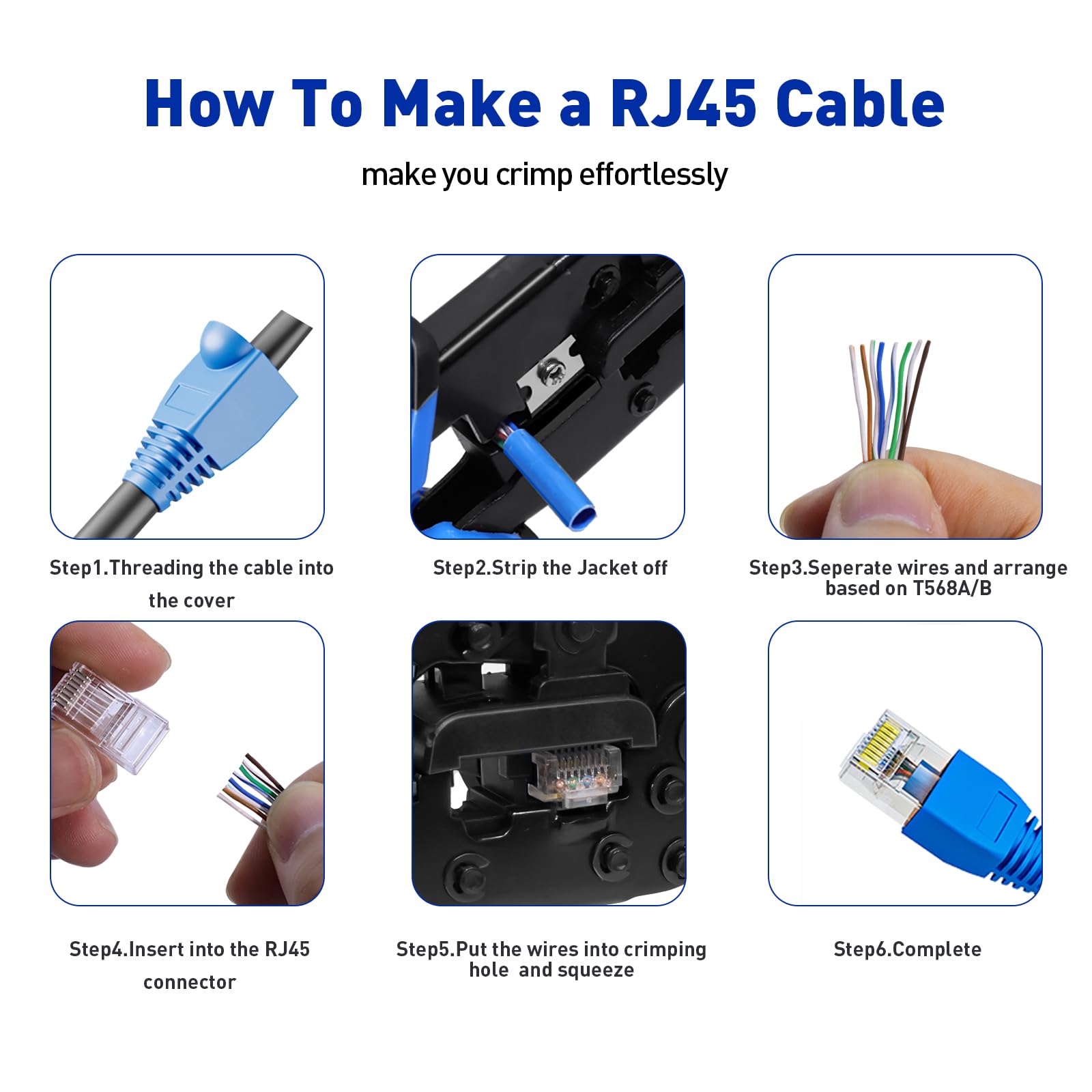 RJ45 Crimpzange Ethernet Crimper Tool Kit Cat 6 Cat 5E Cat 5 Crimpzange mit Netzwerkkabeltester, Drahtschneiderzange, Mini Kabelabisolierzange, 50 Stück Cat 5E Stecker und