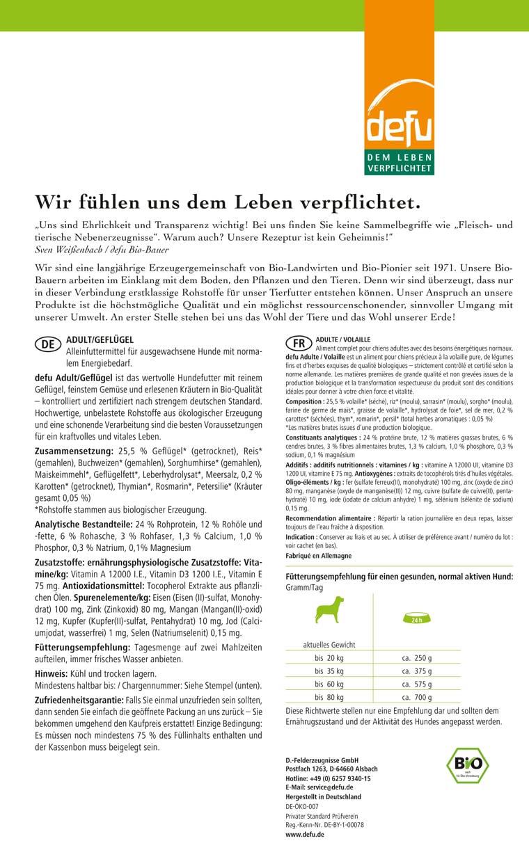 defu Hundefutter | 3 x 3 kg | Adult Bio Geflügel | Premium Bio Trockenfutter für ausgewachsene Hunde