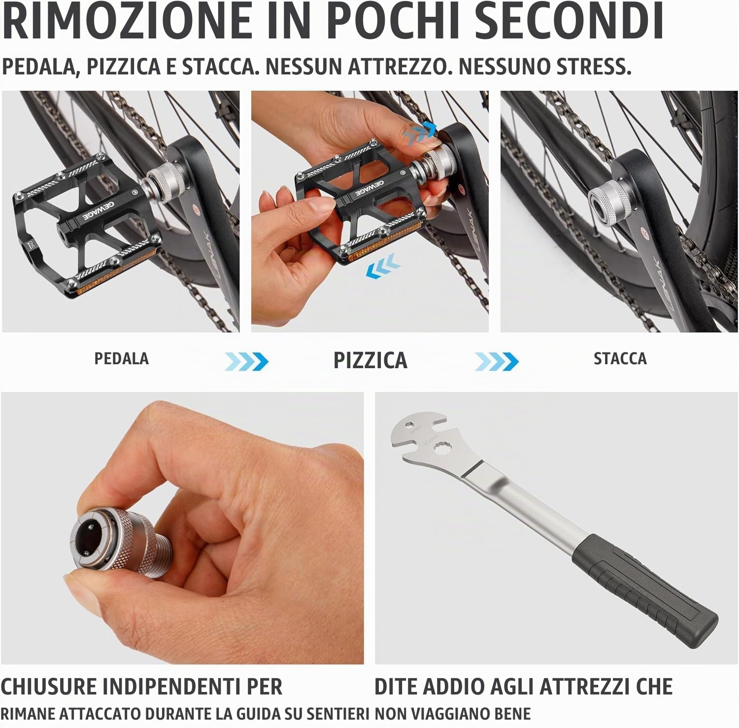 GEWAGE Pedali da bicicletta a sgancio rapido 9/16" – Pedale piatta in alluminio CNC rimovibile con 8 pin antiscivolo e catarifrangenti per bici pieghevoli, fixie, singlespeed e bici da città
