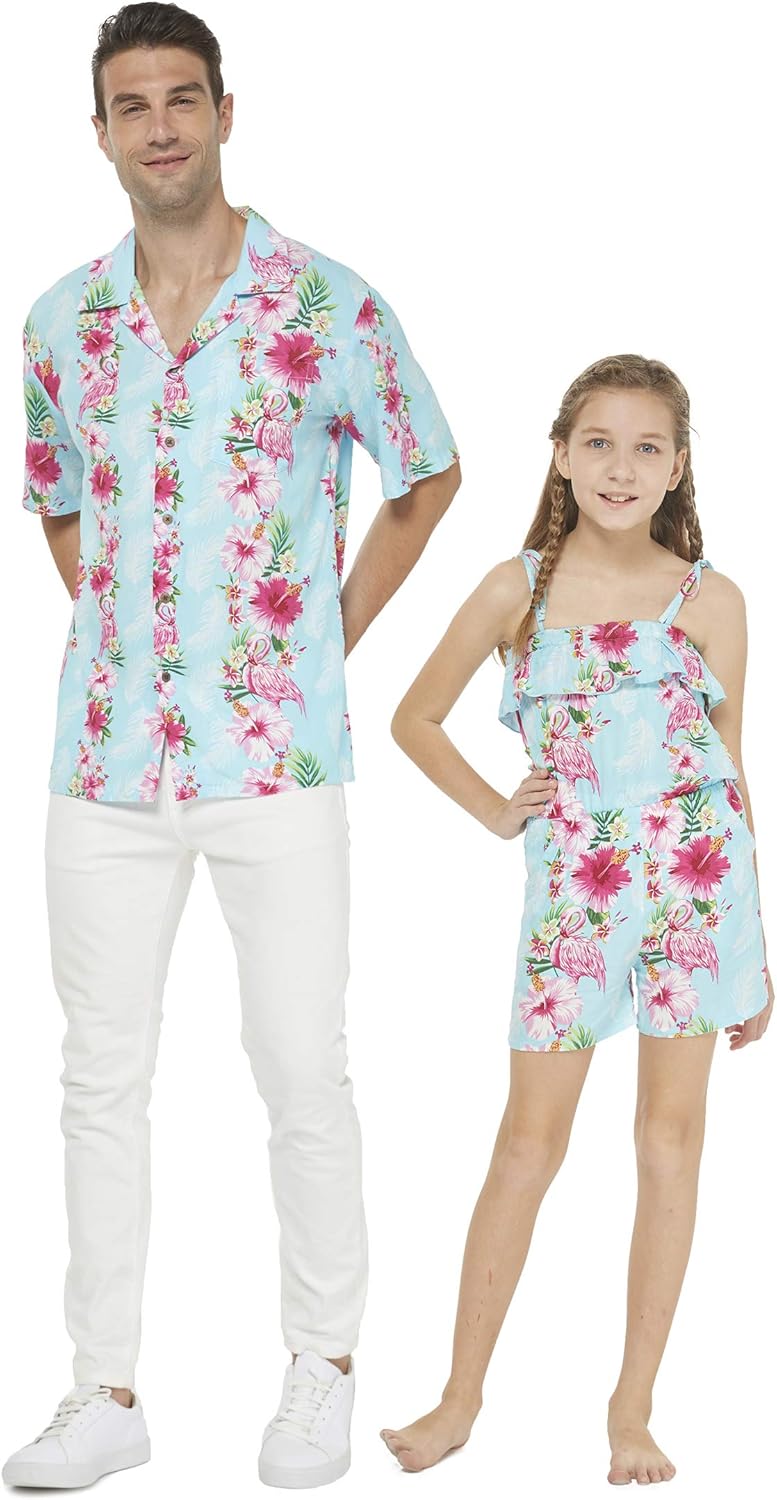 Matching Father Daughter Hawaiian Dance Shirt Romper Pink White Hibiscus Vine
