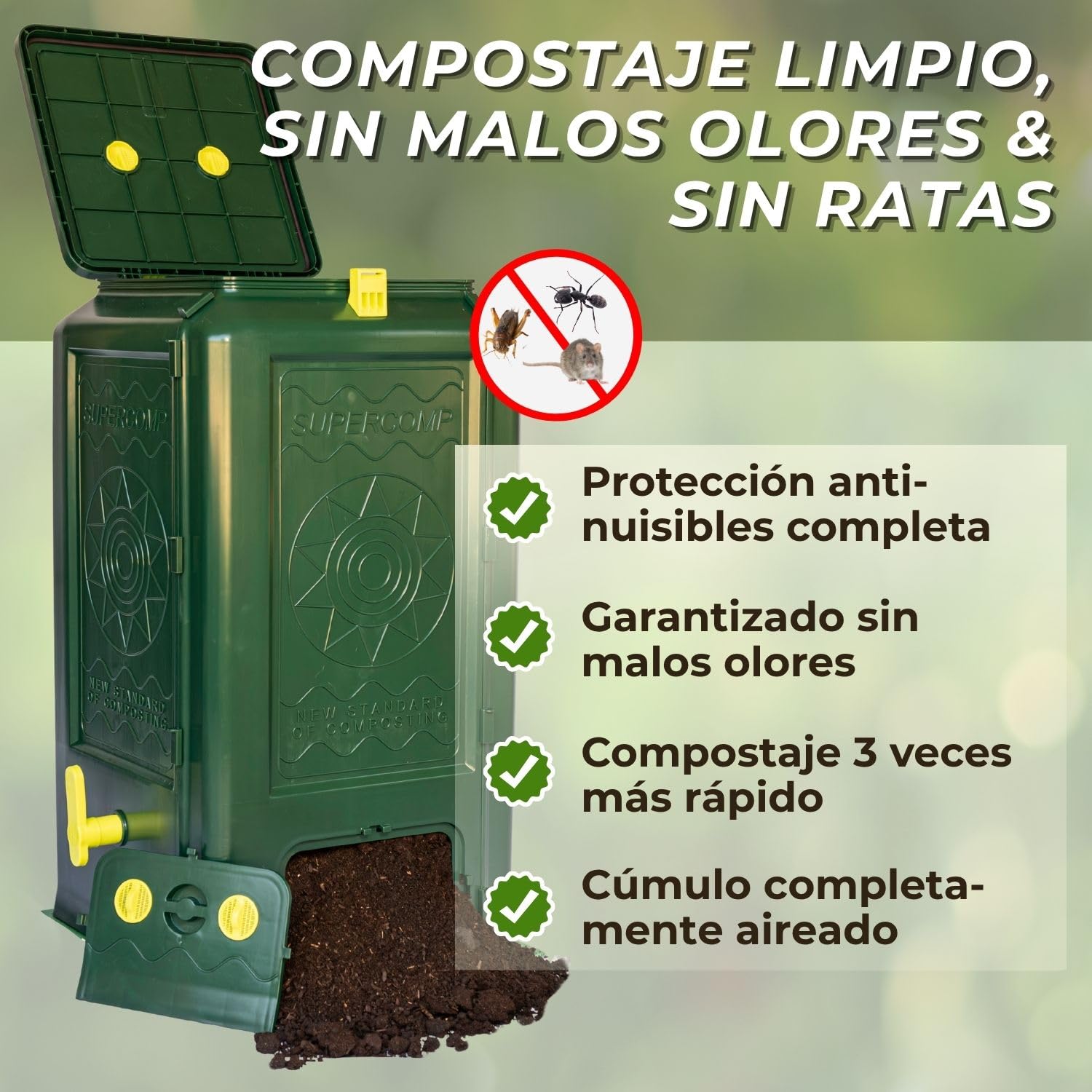 Compostador de Jardín 350L – Protección Total Anti Ratas, Compostaje Sin Malos Olores, Aeración Vertical, Compost Rápido, con Base
