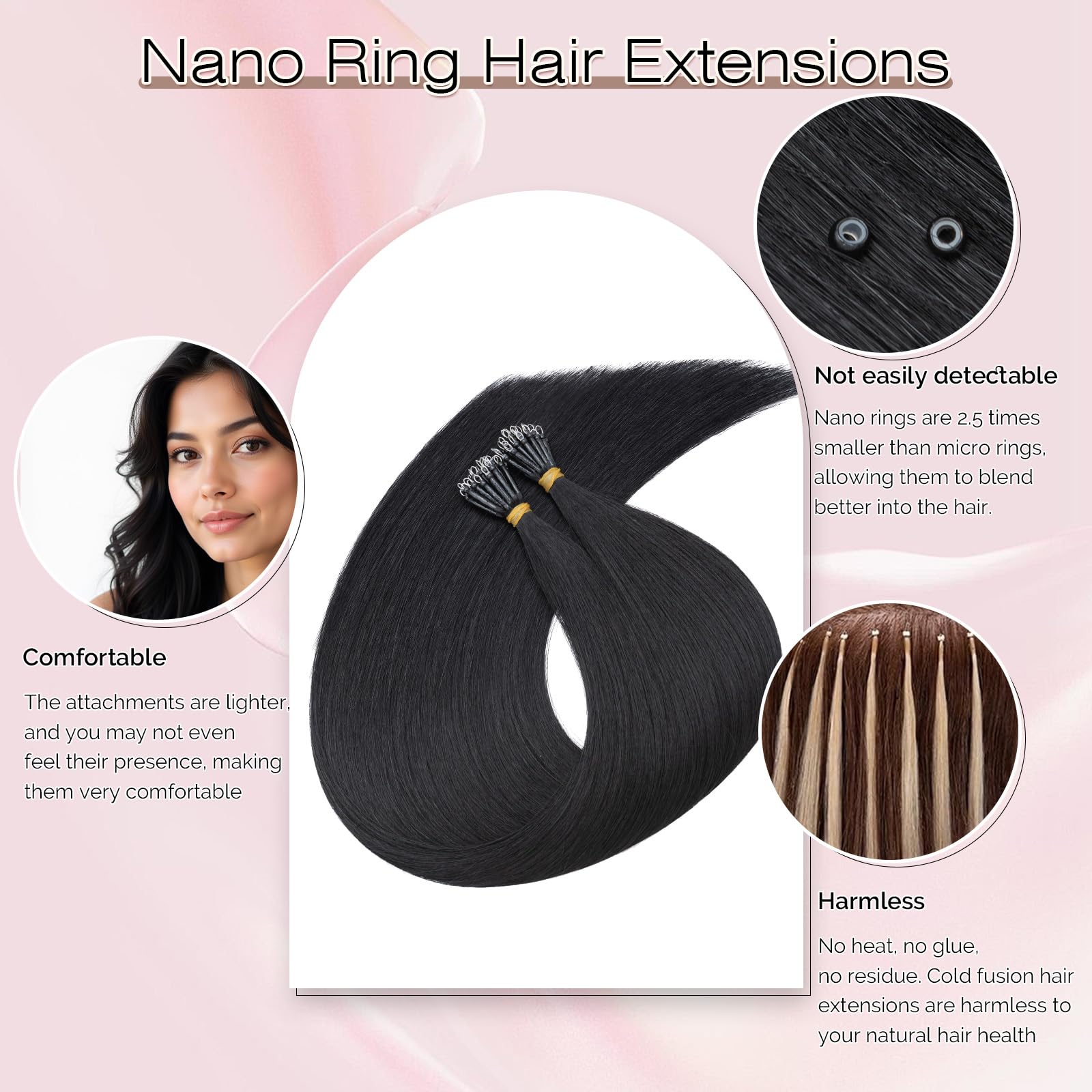 SEGOHAIR Nano Hair Extensions Real Human Hair, 16 inch Jet Black 50g Soft Thick Natural Volume & Length Nano Hair Pieces - Image 2