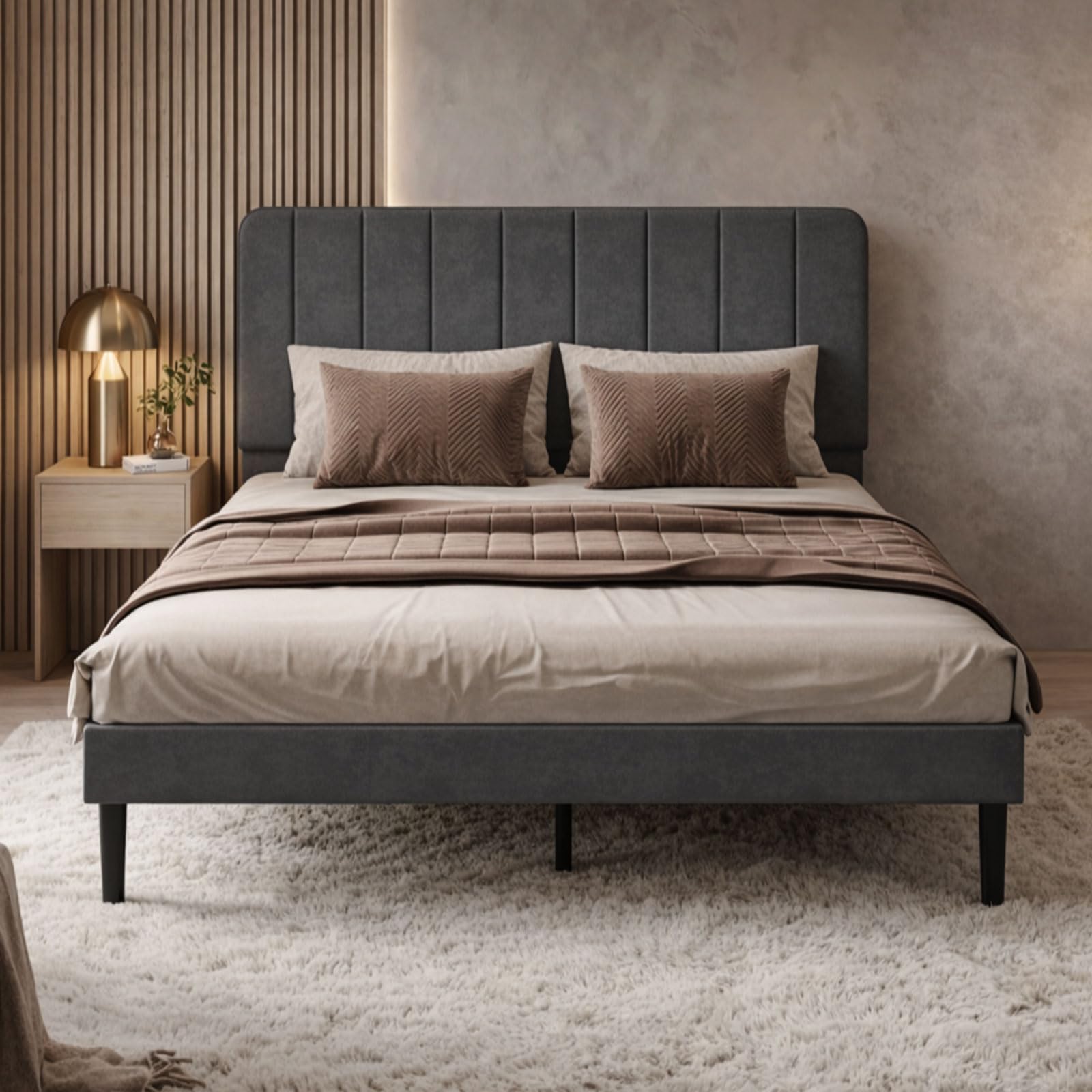 Levede Double Bed Frame with Adjustable Upholstered Headboard, Velvet Fabric Bed Frame with Wooden Slats Support, Heavy Duty Metal Platform Bed Frame, Noise-Free, Easy Assembly, Dark Grey 135x190cm