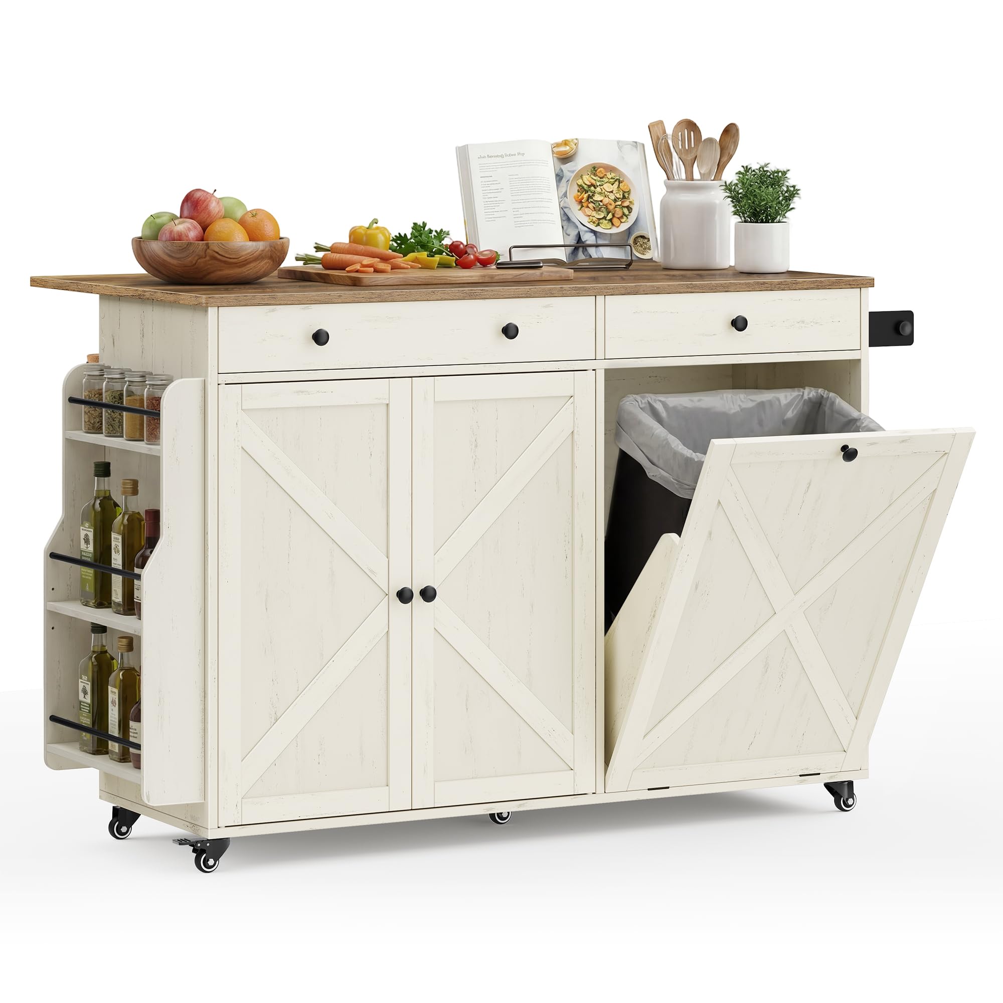 Photo 1 of [DAMAGED PARTS] VASAGLE Mobile Kitchen Island with Trash Can Storage, Drop Leaf, Portable Island with Spice Rack, Mobile Cart with Storage Cabinet, for Dining Room, Rustic White and Honey Brown UKKI014WJ01S
