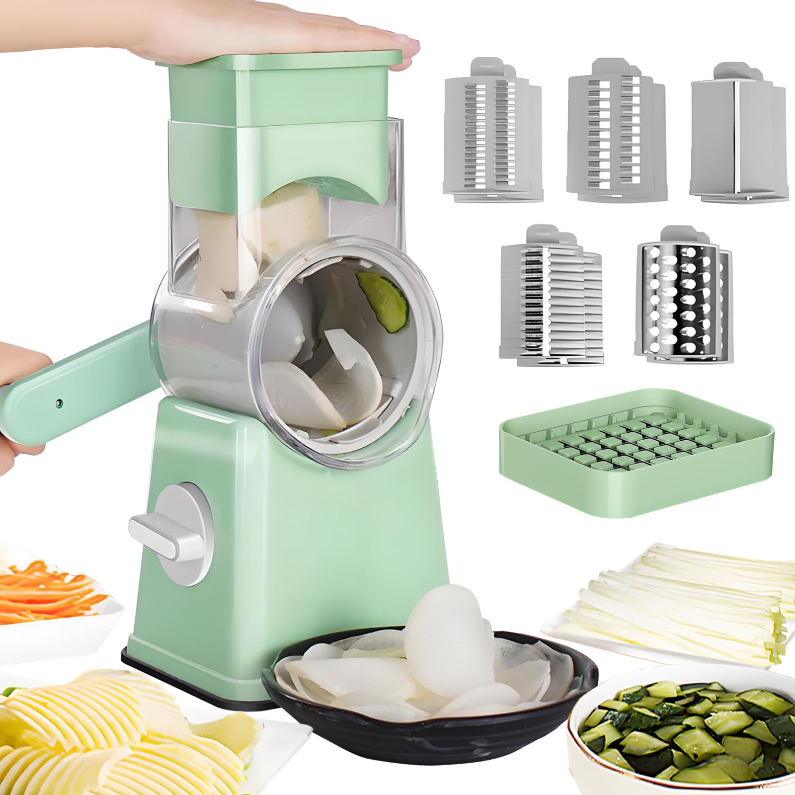 FLOVESUNS Multi-Functional 5 Blade Cheese Grater for Kitchen, Food Chopper, Vegetable Slicer, Rotary Grater Round Slicer with Particle Cutter,Green