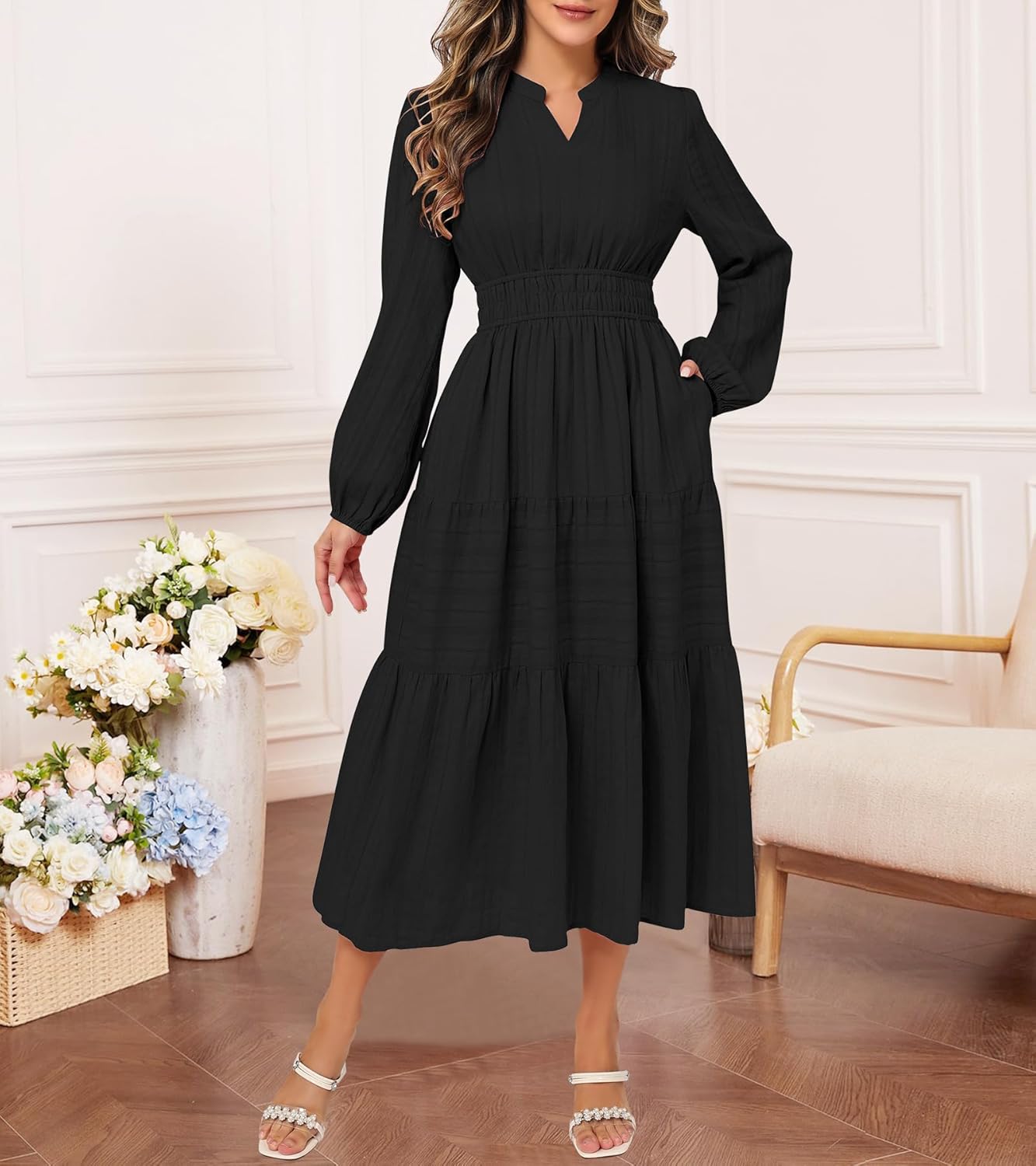 Fall Dresses for Women 2025 Casual Long Sleeve V Neck Elastic Waist Soft Maxi Wedding Guest Dress Pockets - Image 4