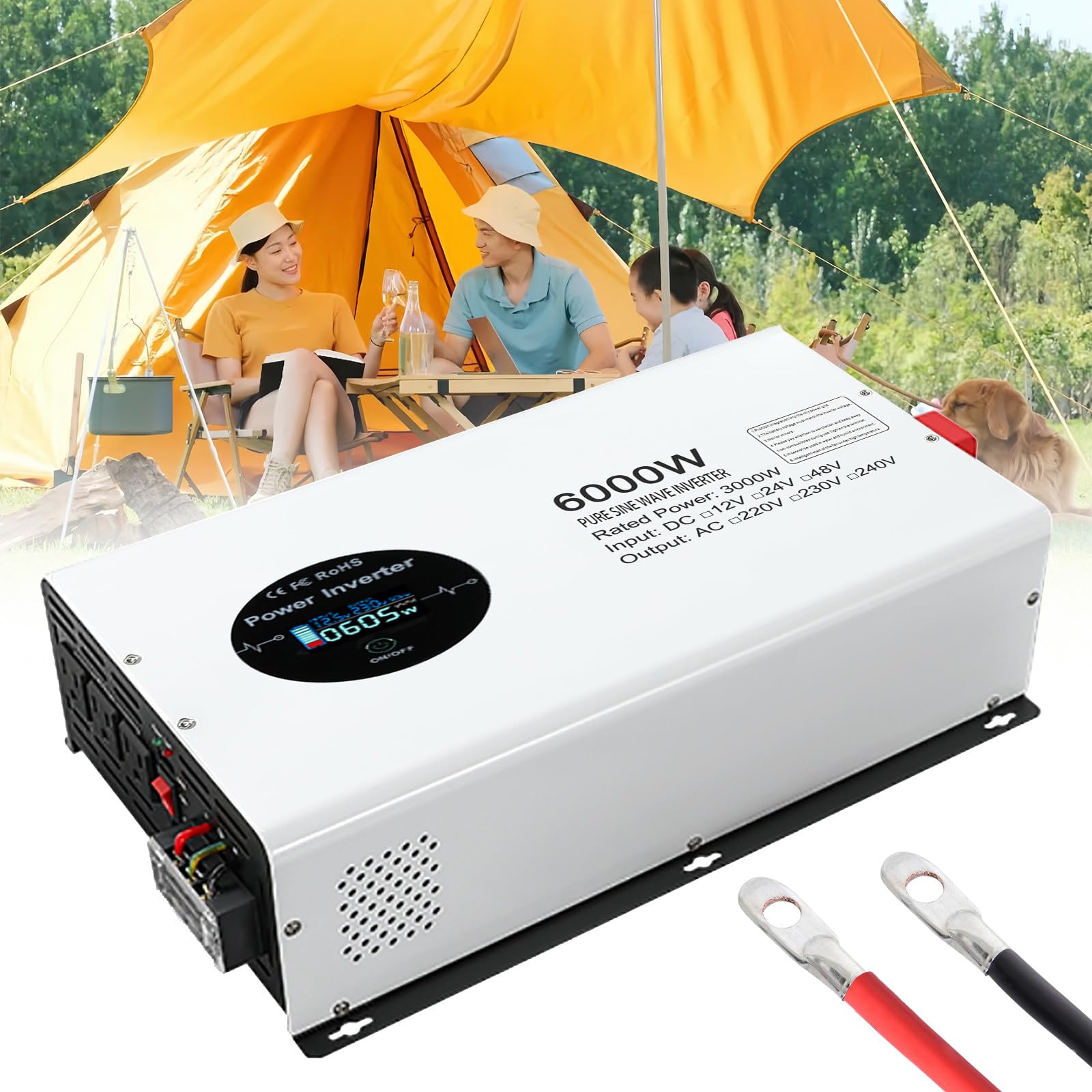 Przetwornica napięcia pojazdu 6000 W/3000 W, czysta fala sinusoidalna, przetwornik napięcia prądu stałego na prąd przemienny do domu, podróży, kempingu, kampera, ciężarówki,12V to 230V