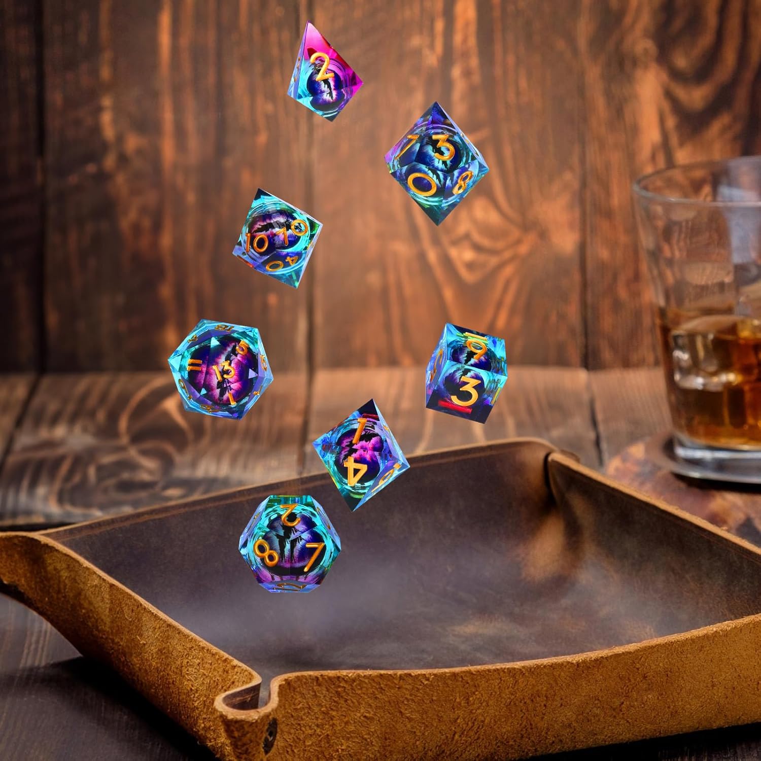 Handmade Resin Dragon Eye DND Dice Set Liquid Core Sharp Edges 7 Pieces with Gift Box for RPG Roleplaying Unique Craftsmanship (Purple-Gold)