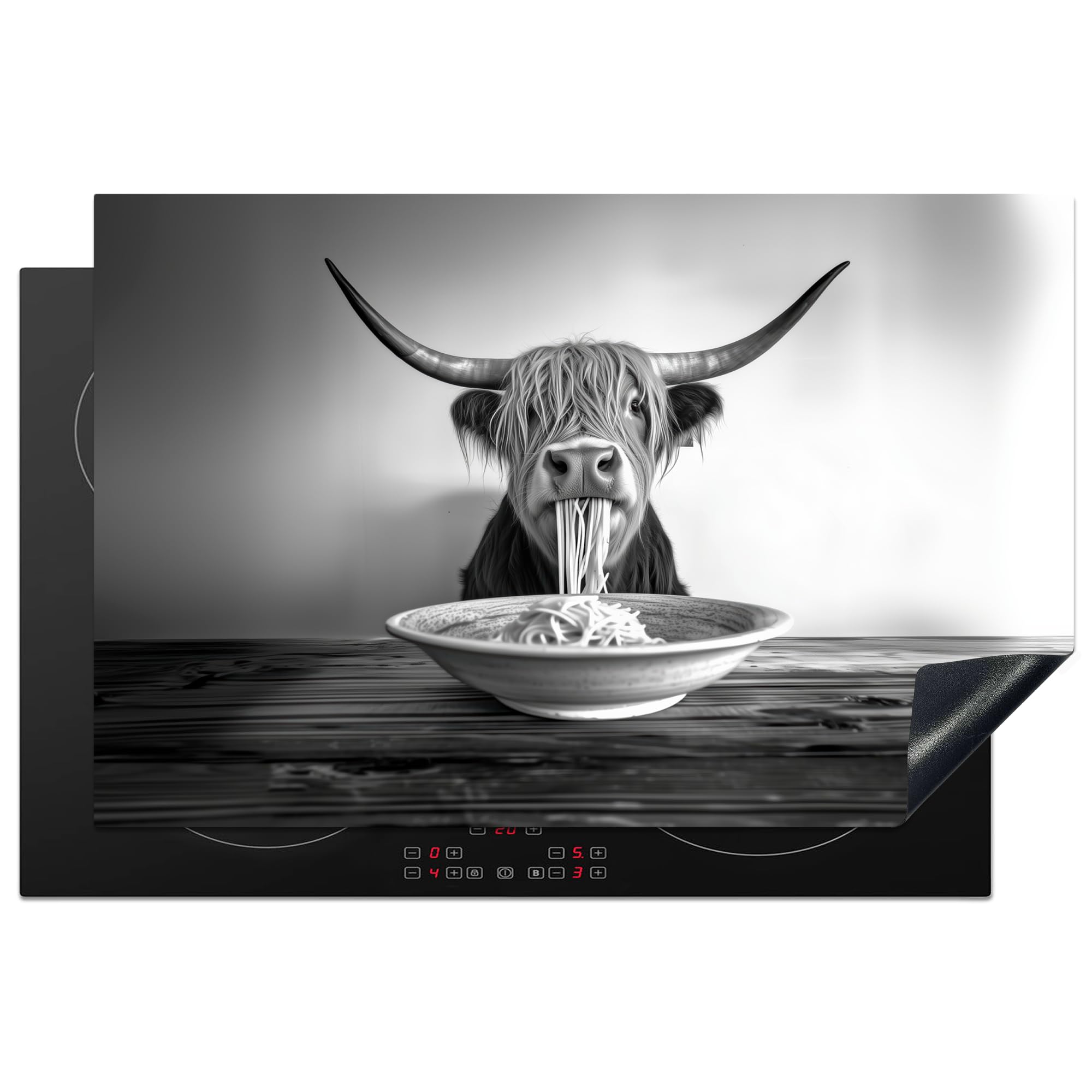 KitchenYeah© Induction Hob Protector Mat 20.5"x31.5" / 80x52 cm Cooker Top Protectors Cover Ceramic Covers Electric Hobs Vinyl Scottish Highlander - Spaghetti - Animals - Black and White