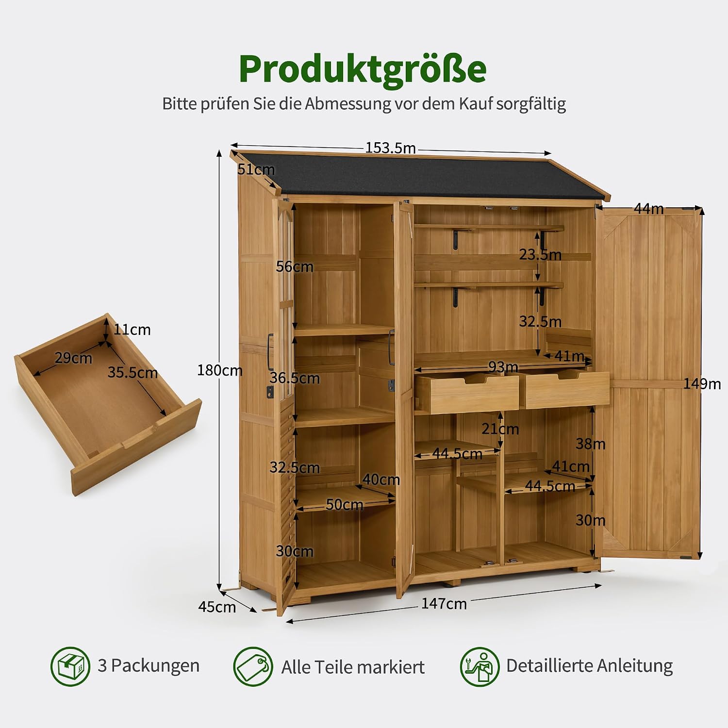 M MCombo Armoire de Jardin en Bois avec 7 étagères&2 tiroirs, abri à Outils résistant aux intempéries, abri de Jardin d'extérieur étanche, abri à Outils pour l'extérieur, 0982 (Naturel) — vue 4
