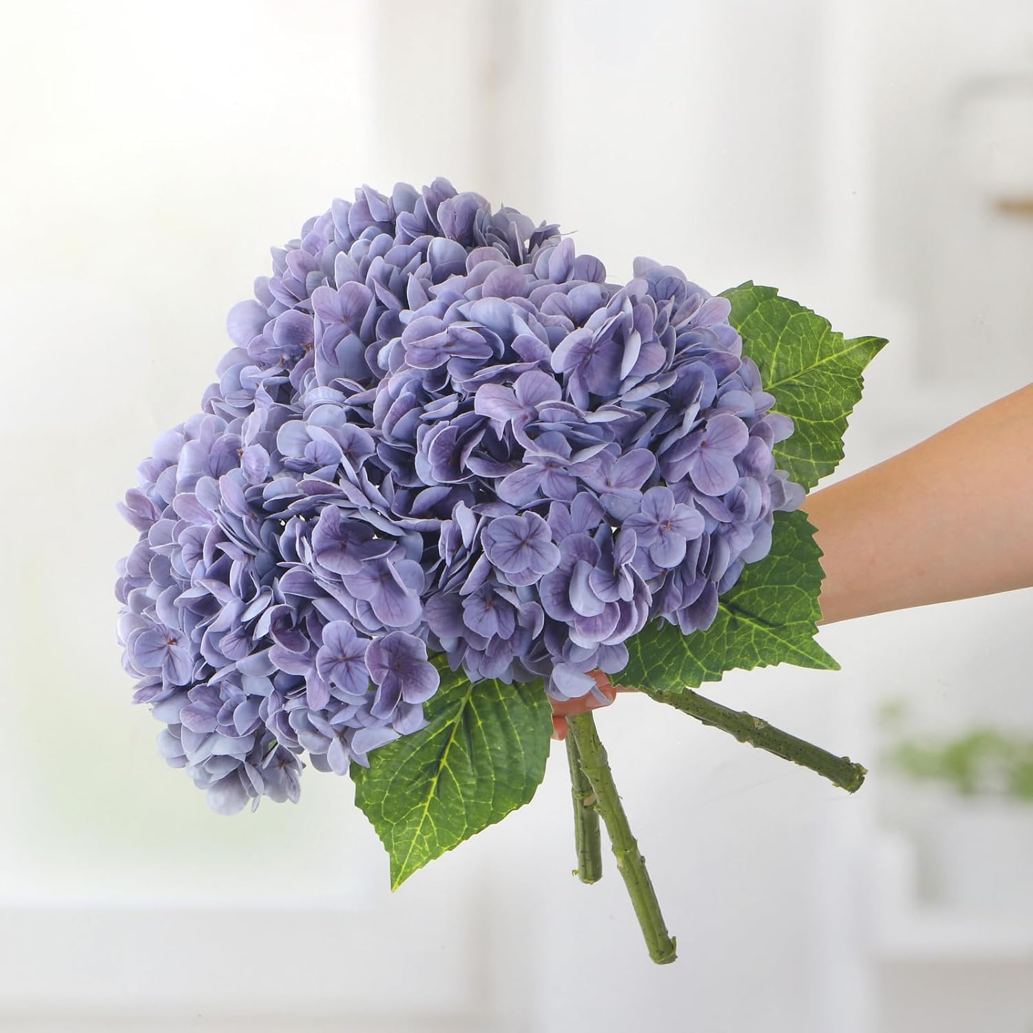Kmise Hydrangea Artificial Flowers, 22” Real Touch Lifelike Latex Hydrangeas, Large Faux Hydrangea for Home Decor Wedding Bouquets, Purple, 3pcs