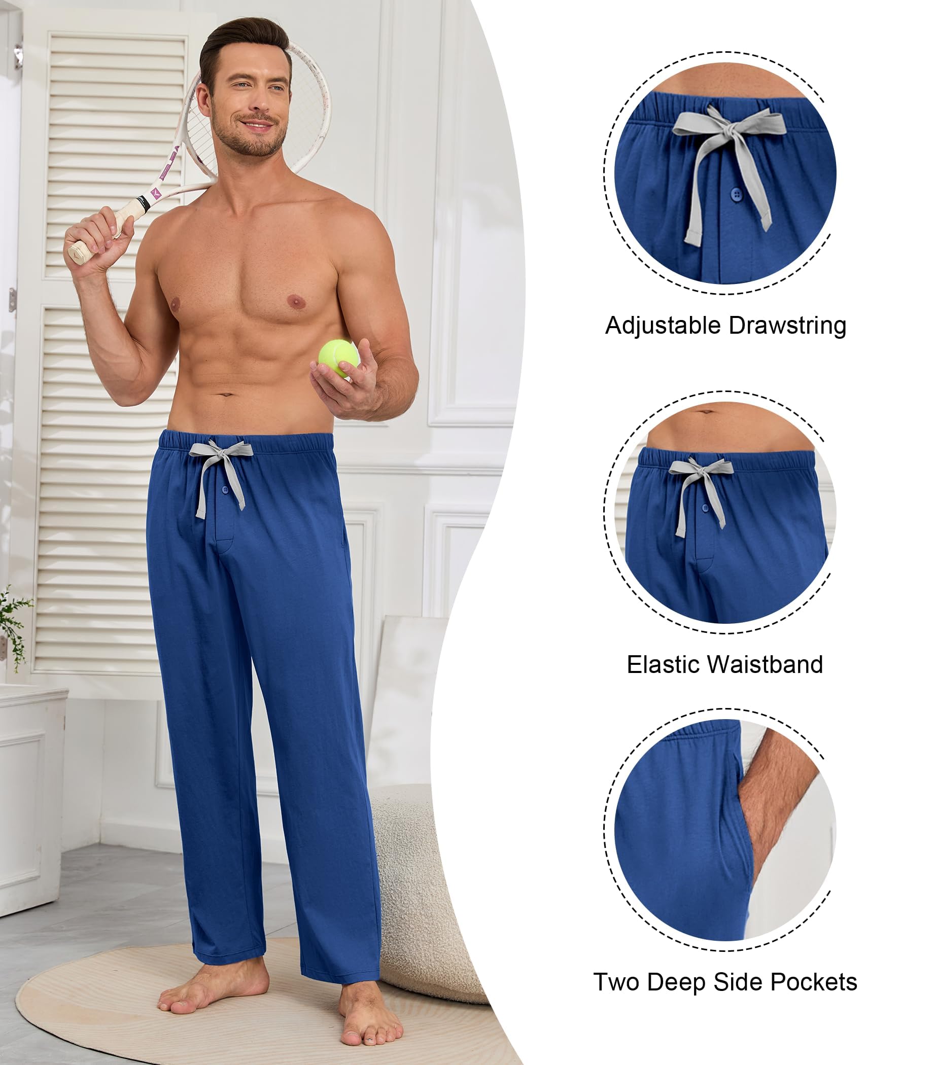 ANLIQI Herren Pyjama Hose aus 100% Baumwolle mit elastischem Bund und weichem Kordelzug Lounge Schlafanzug Hose mit Taschen