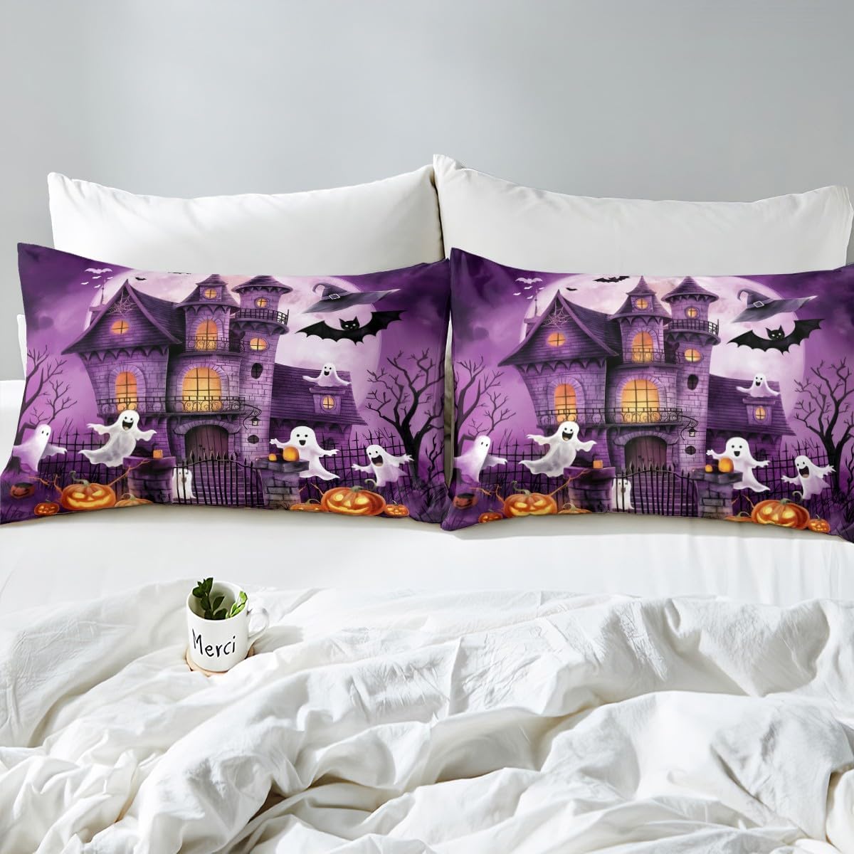 Manfei Halloween Duvet Cover Set King Size, Cute Ghosts Pumpkin Bedding Set for Kids Boys Girls Room Decor, Purple Castle Print Comforter Cover, Soft Polyester Quilt Cover,2 Pillowcases,No Comforter