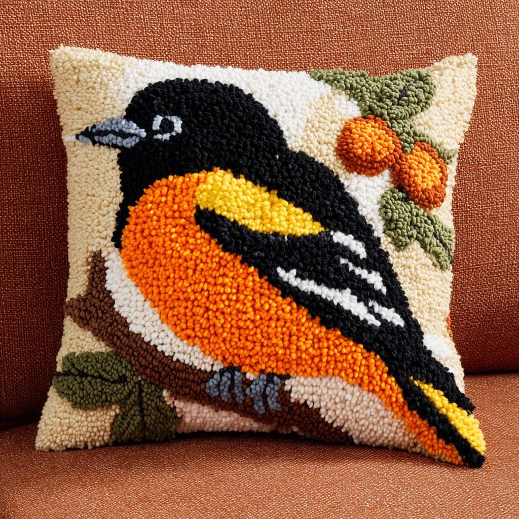 Taxpy Latch Hook Kits, Birds on the Branches Pillow Pre-Printed Patterns Pillowcase Needlework Crochet Yarns Latch Hooking Cushion for Sofa Decor 17x17inch