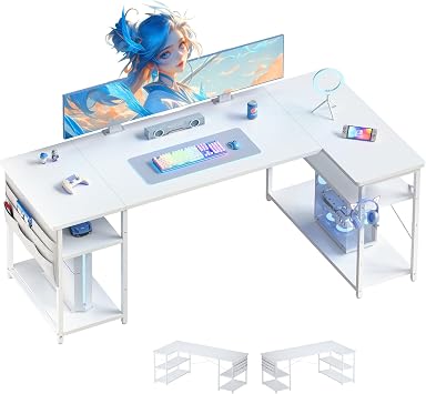 YeTom L-Shaped Desk, Gaming Desk, Width 59.1 inches 150 cm, PC Desk, Corner Desk, Study Desk, Adjustable Height Shelves, Storage Bag/Rack Included, Home Office, White