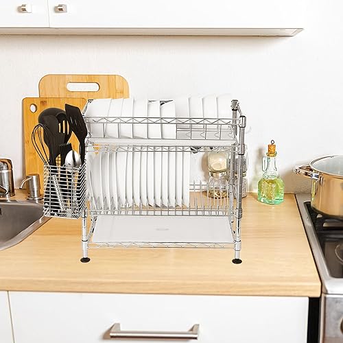 Miniatura 3 de happimess DSH1002A Brooklyn - Escurridor de platos ajustable de 2 niveles con soporte para cubiertos, acero al carbono duradero para varios