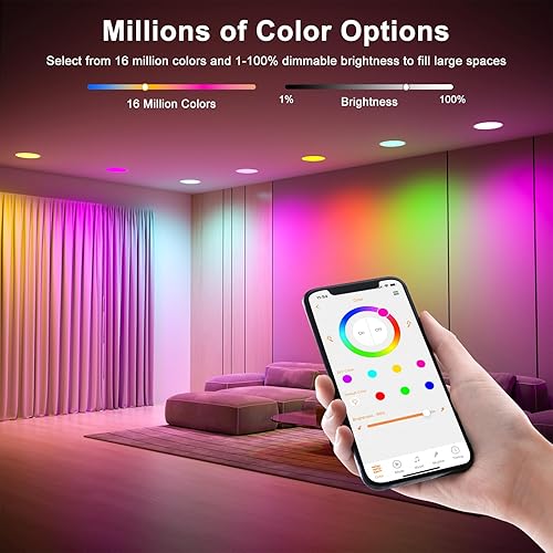 Miniatura 4 de Iluminación empotrable inteligente de 4 pulgadas que cambia de color LED de 12 W, luz de techo empotrada de 1200 lúmenes compatible con Alexa, RGB y